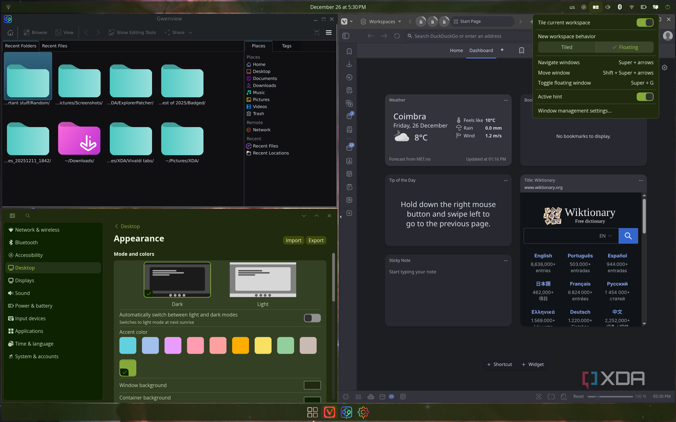 Screenshot of a COSMIC desktop in tiling mode showing Gwenview, COSMIC Settings, and Vivaldi apps open in a tiled layout