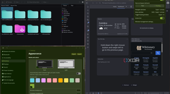 Screenshot of a COSMIC desktop in tiling mode showing Gwenview, COSMIC Settings, and Vivaldi apps open in a tiled layout