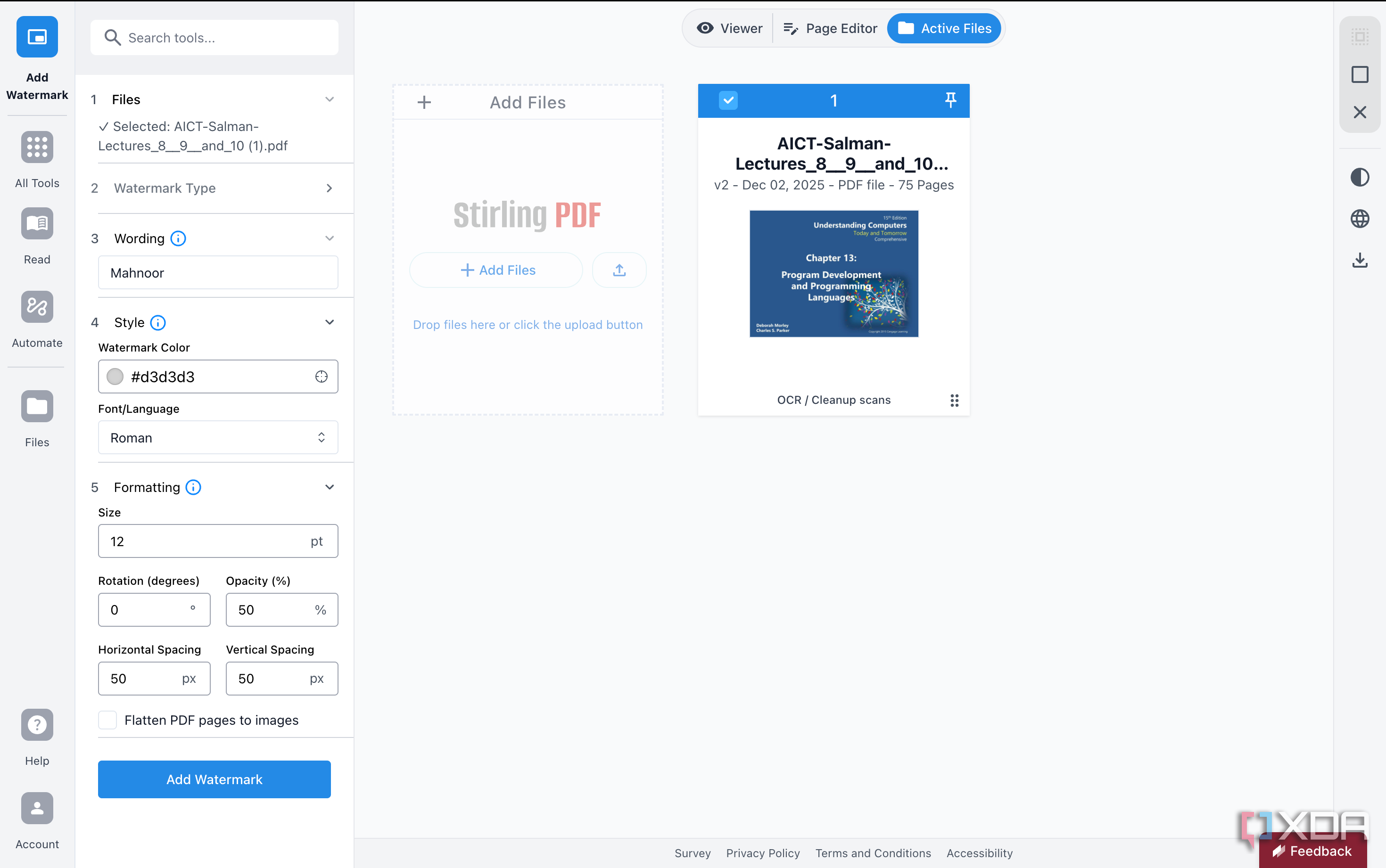 Customizing the Watermark in Stirling PDF