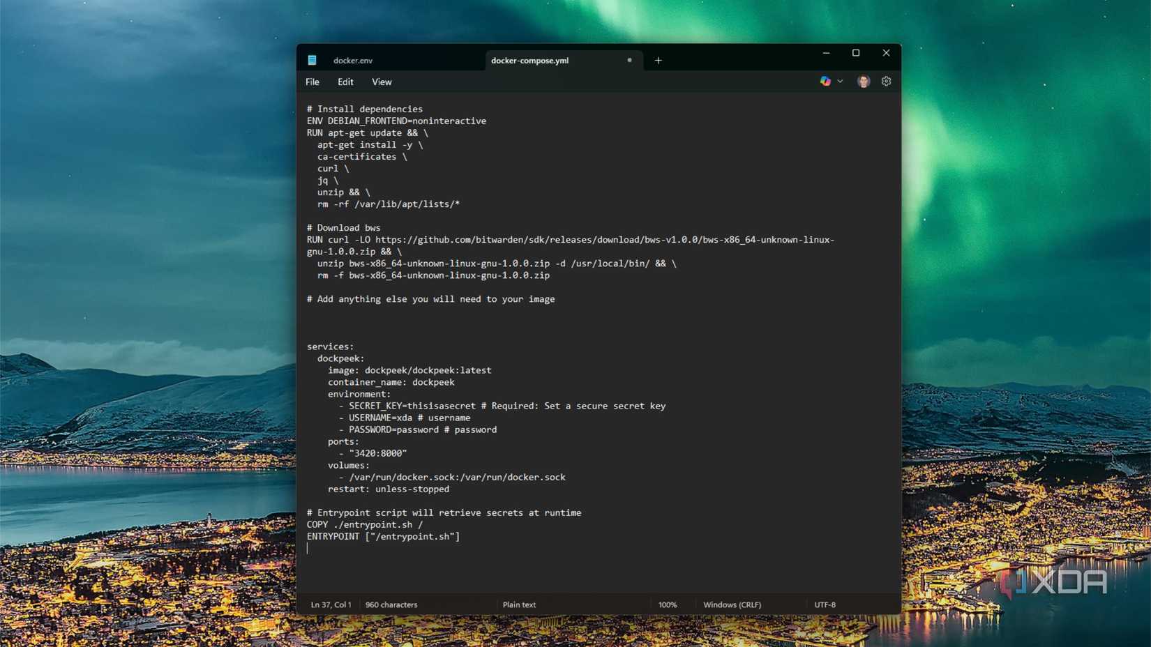screenshot of docker compose file open in notepad with bitwarded secrets manager included