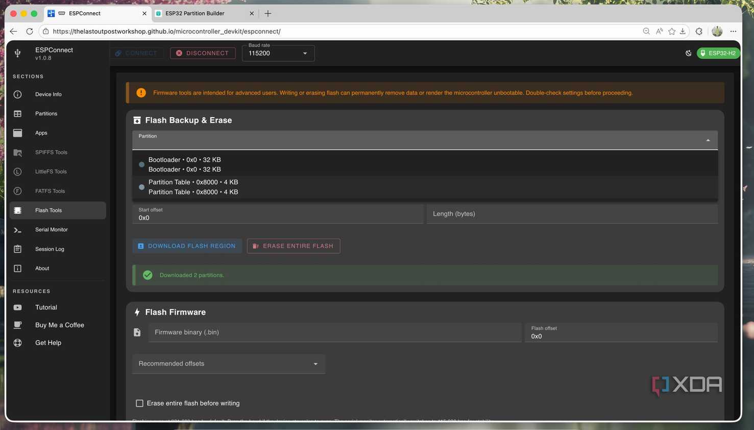 Downladign the Flash file backup before erasing everything in ESPConnect