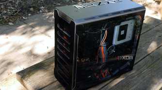 custom watercooling build shwoing rear cable area