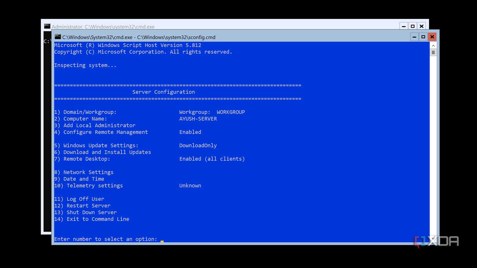 La ventana config.cmd en Hyper-V Server 2019