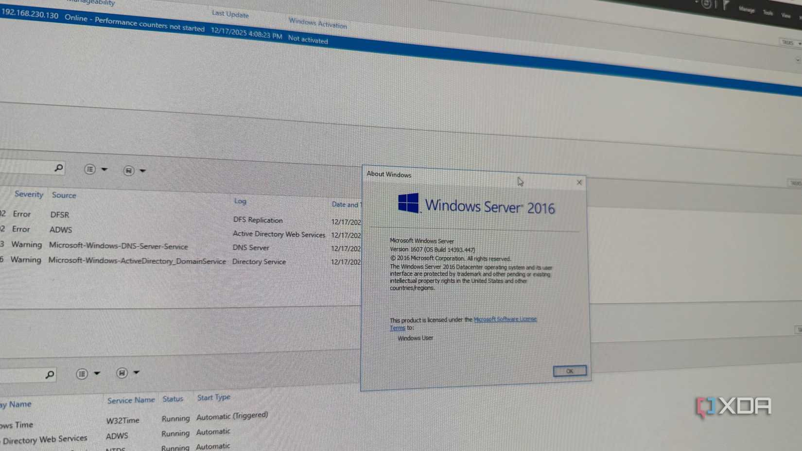 Una foto de Winver mostrando Windows Server 2016.