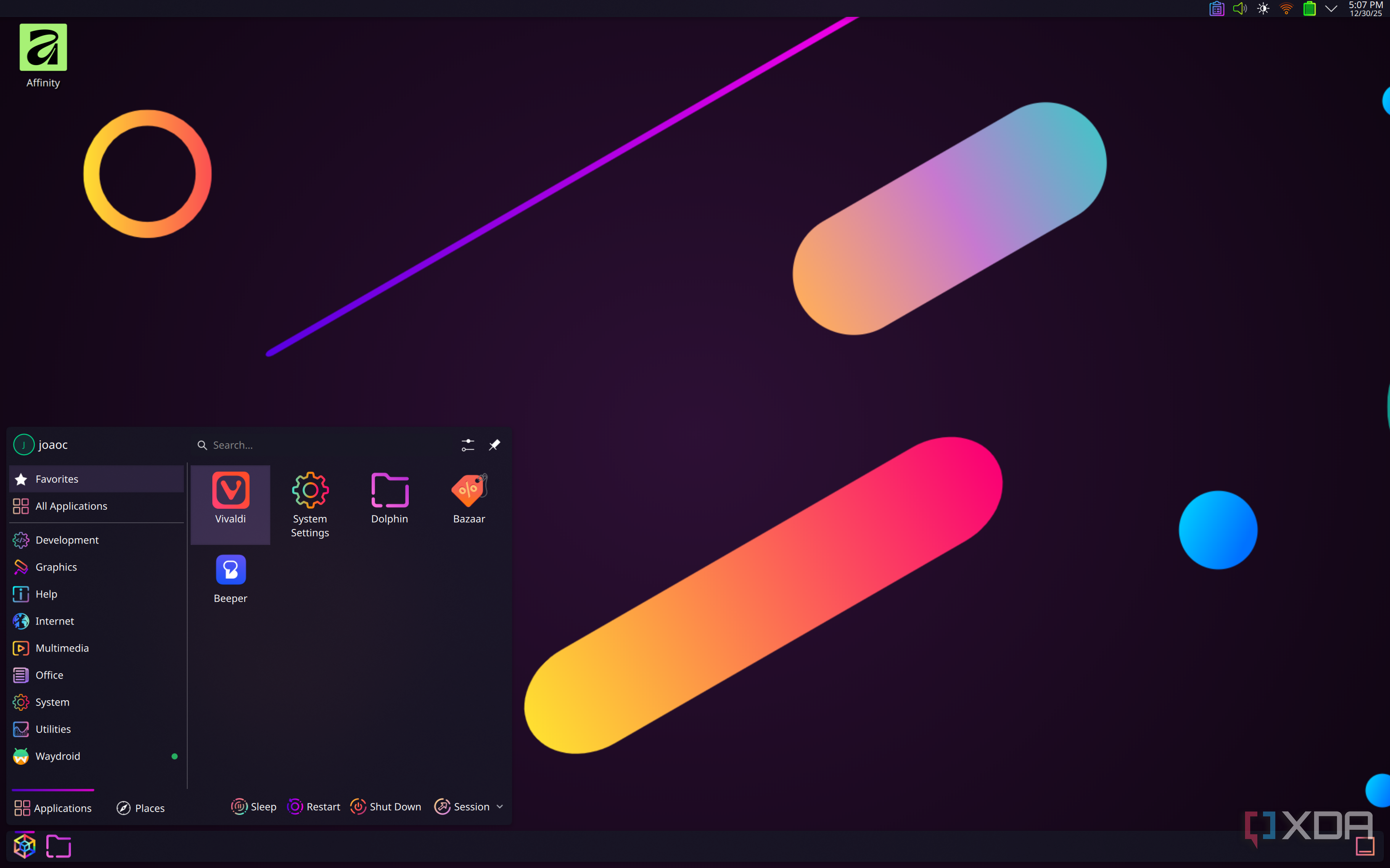 Screenshot of the application launcher in KDE Plasma