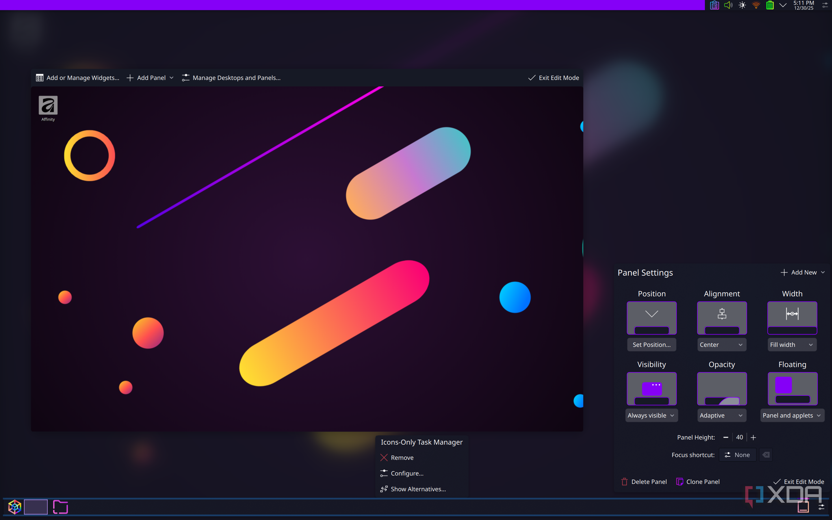Screenshot of KDE Plasma's panel configuration UI