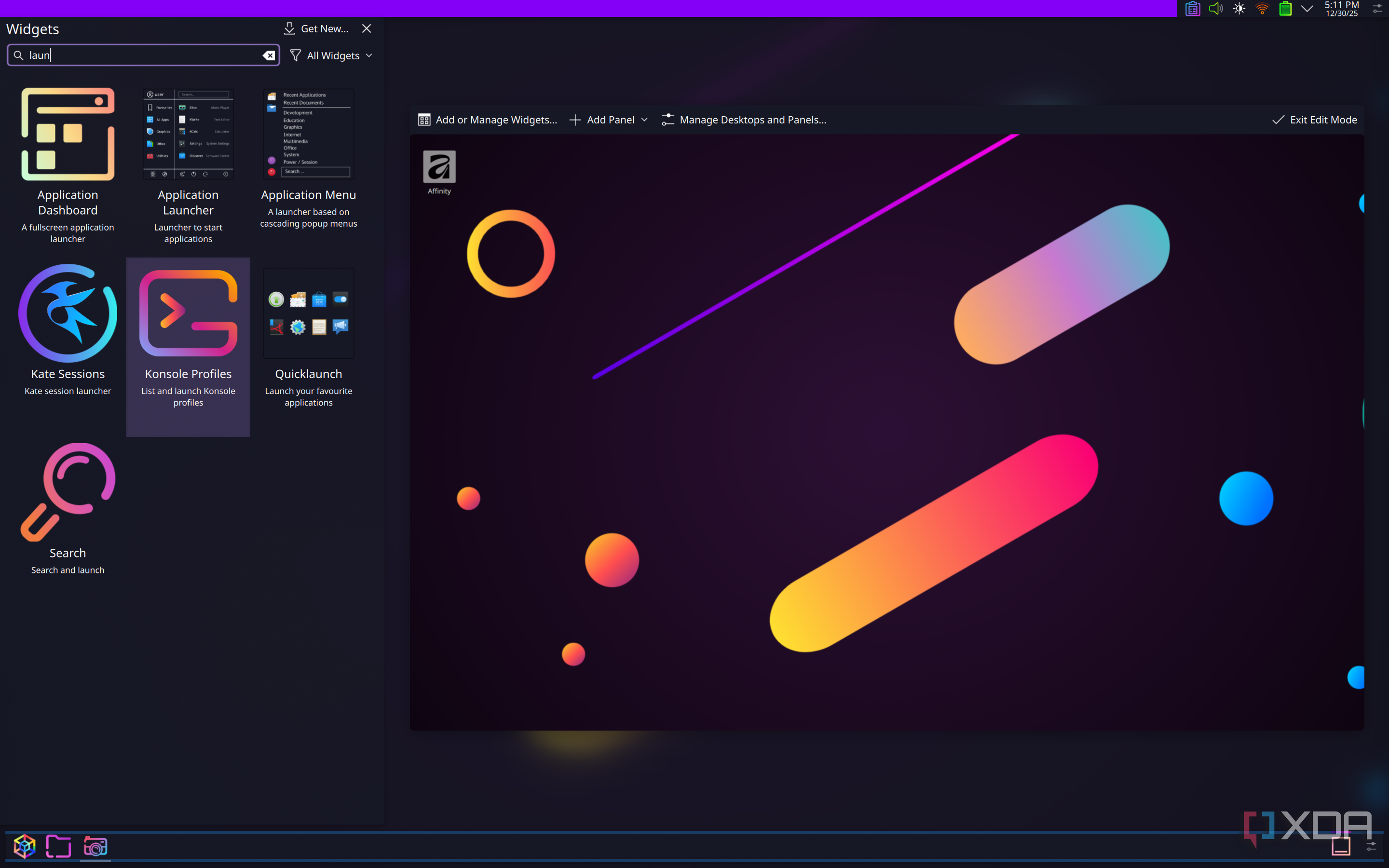 Screenshot of KDE Plasma showing the option to add widgets to a panel, with search results for "launcher" shown on screen