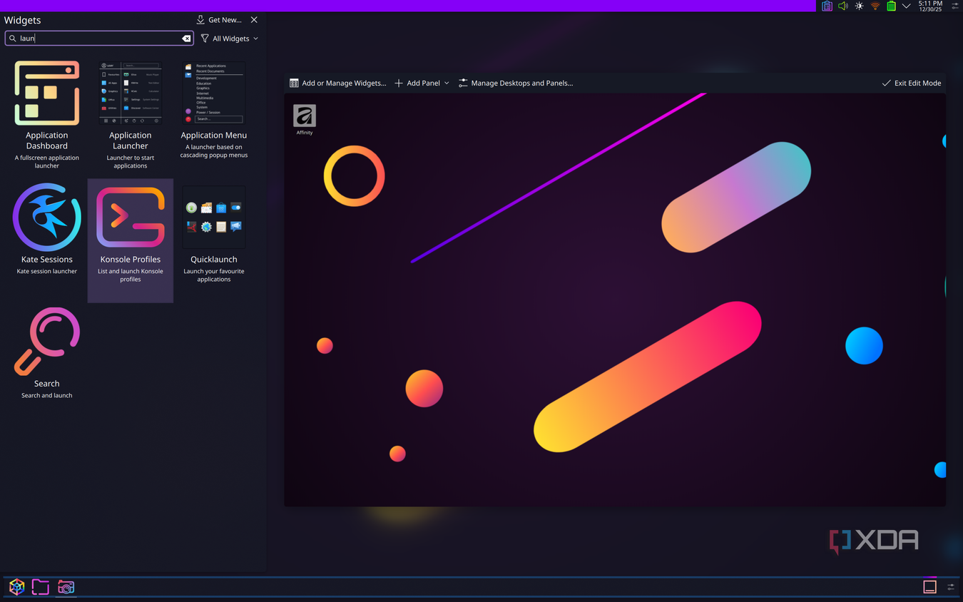 Screenshot of KDE Plasma showing the option to add widgets to a panel, with search results for "launcher" shown on screen