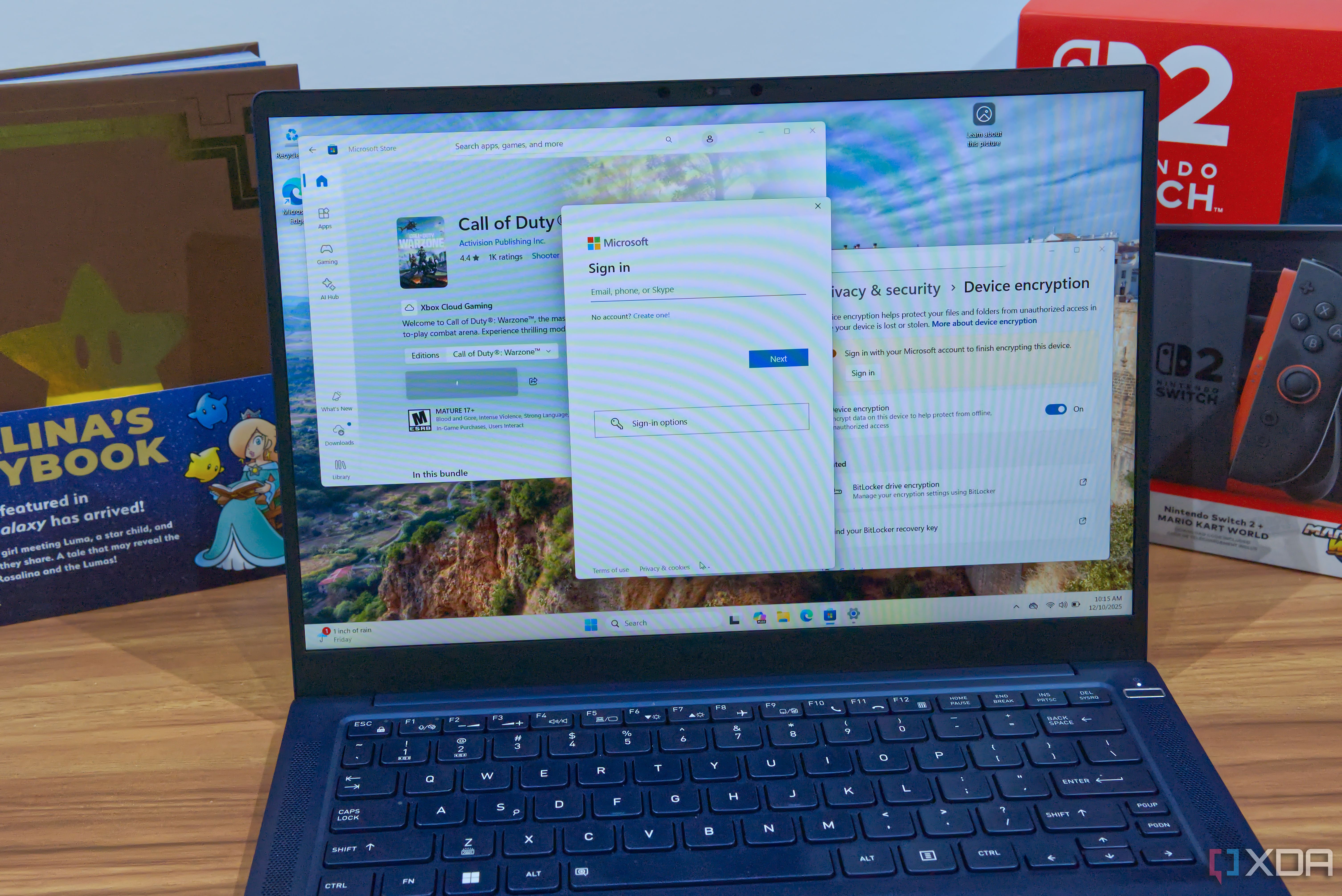 A laptop running showing the Windows 11 Settings app and Microsoft Store without a Microsoft account