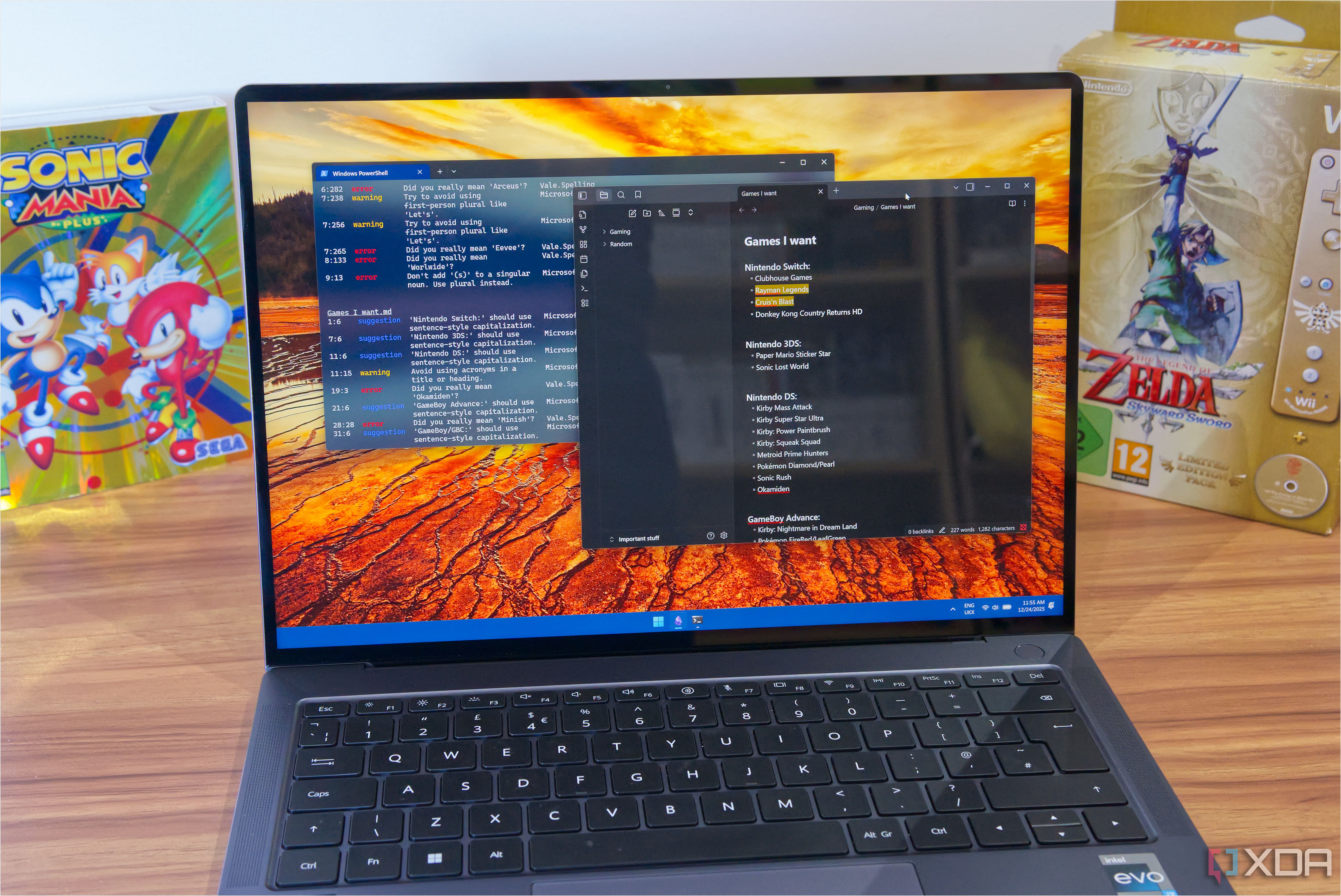 A laptop running Windows Terminal with a Vale report next to an Obsidian