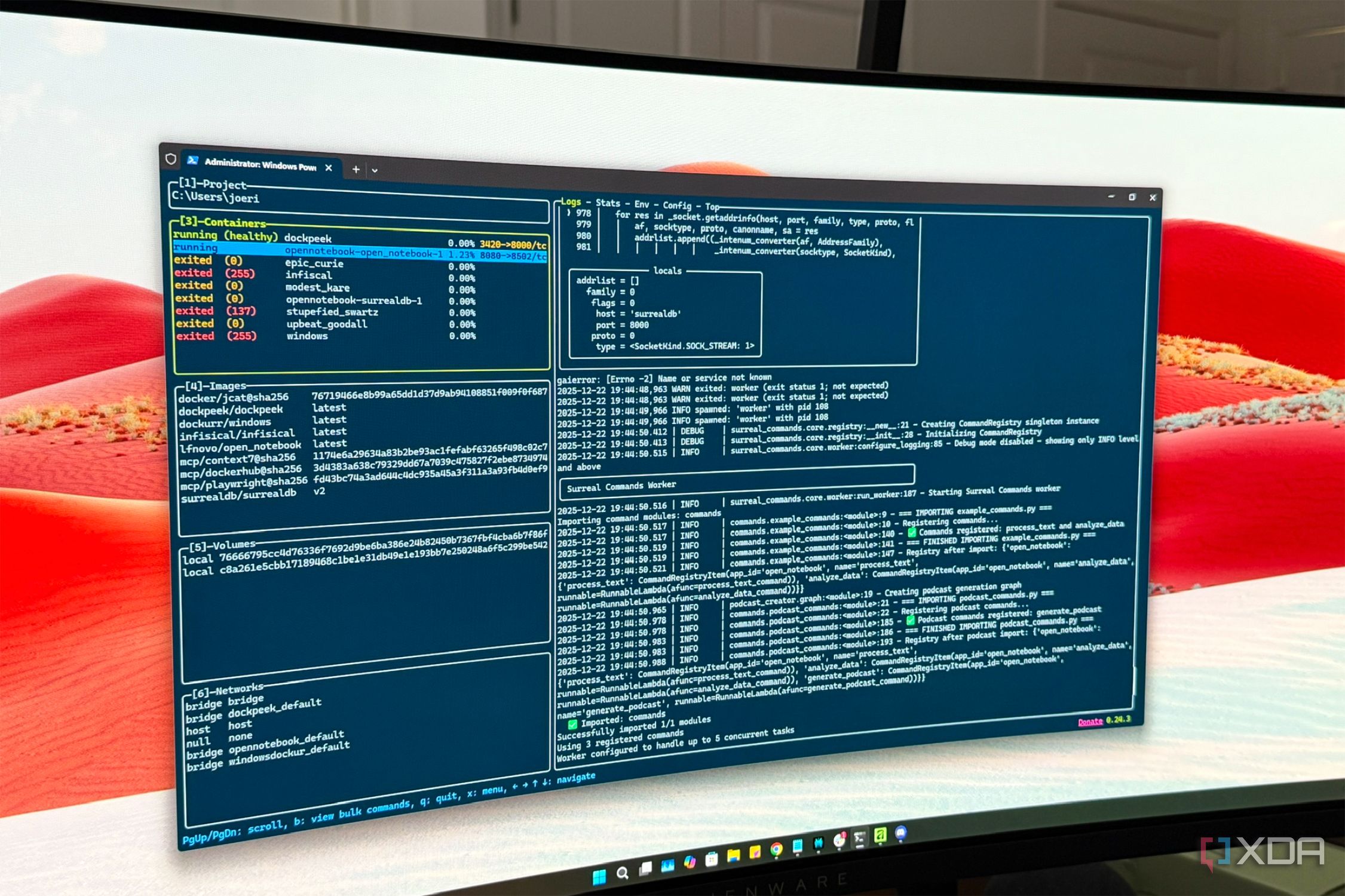 lazydocker window shown on monitor