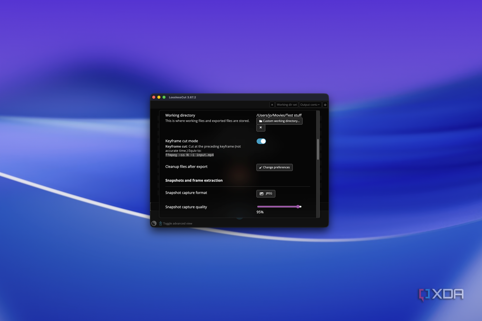 Captura de pantalla de varias configuraciones de Lossless Cut en macOS