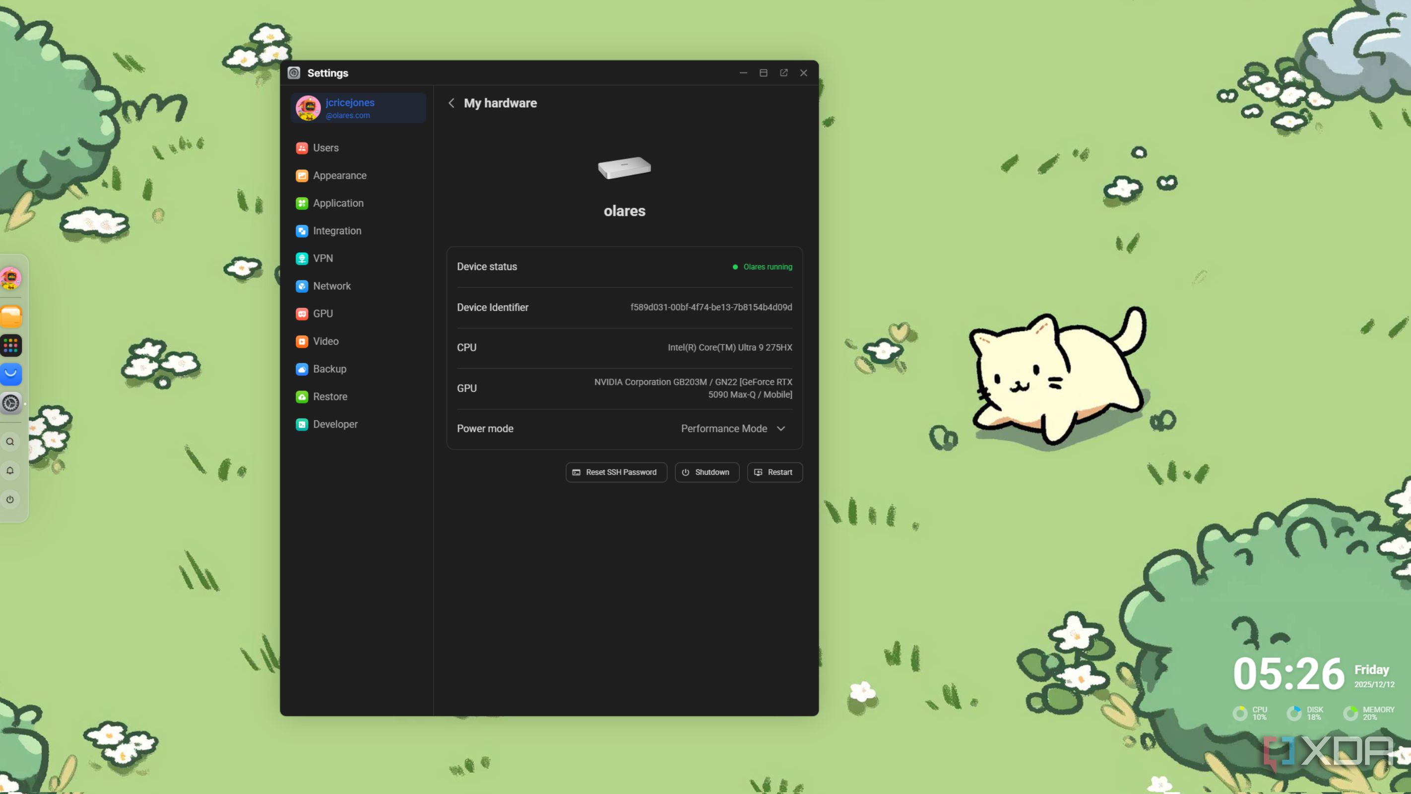 olares os with settings app showing specifications