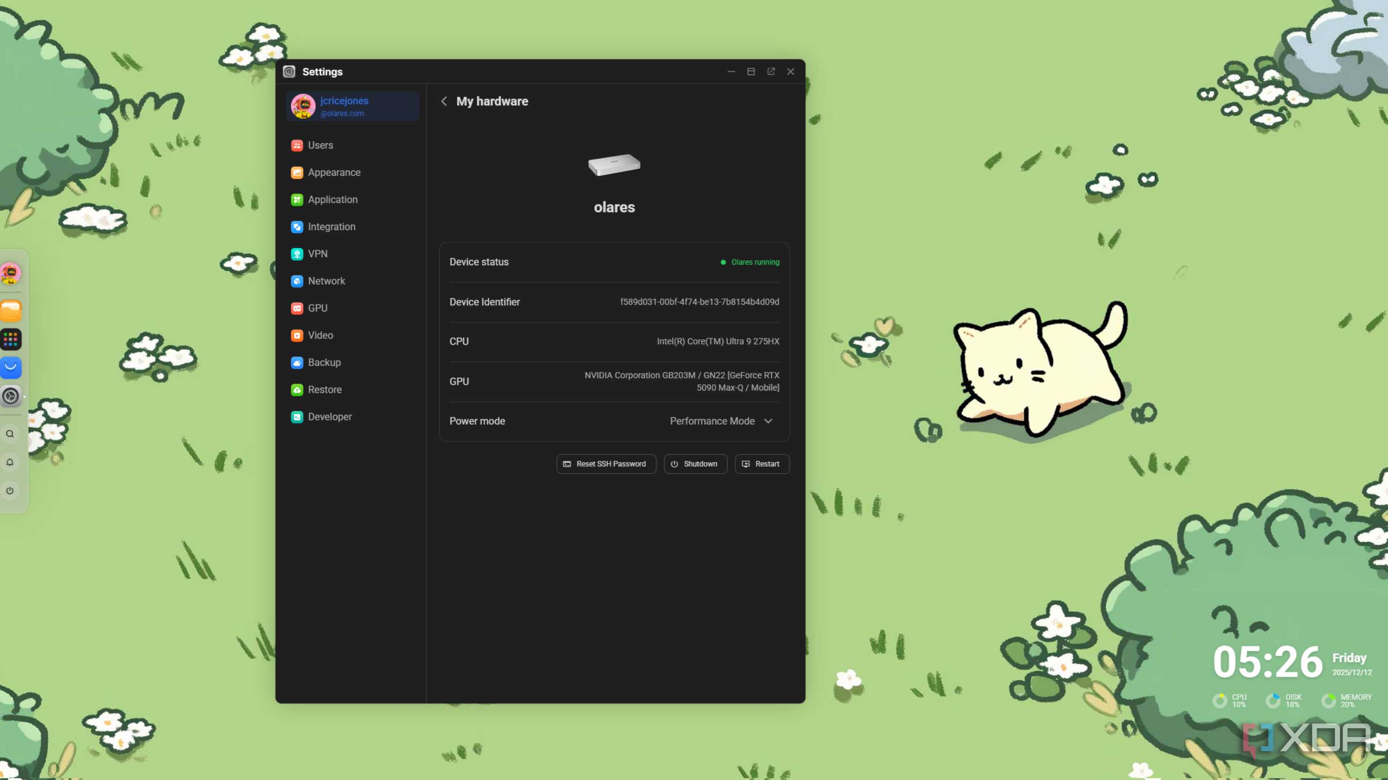 olares os with settings app showing specifications