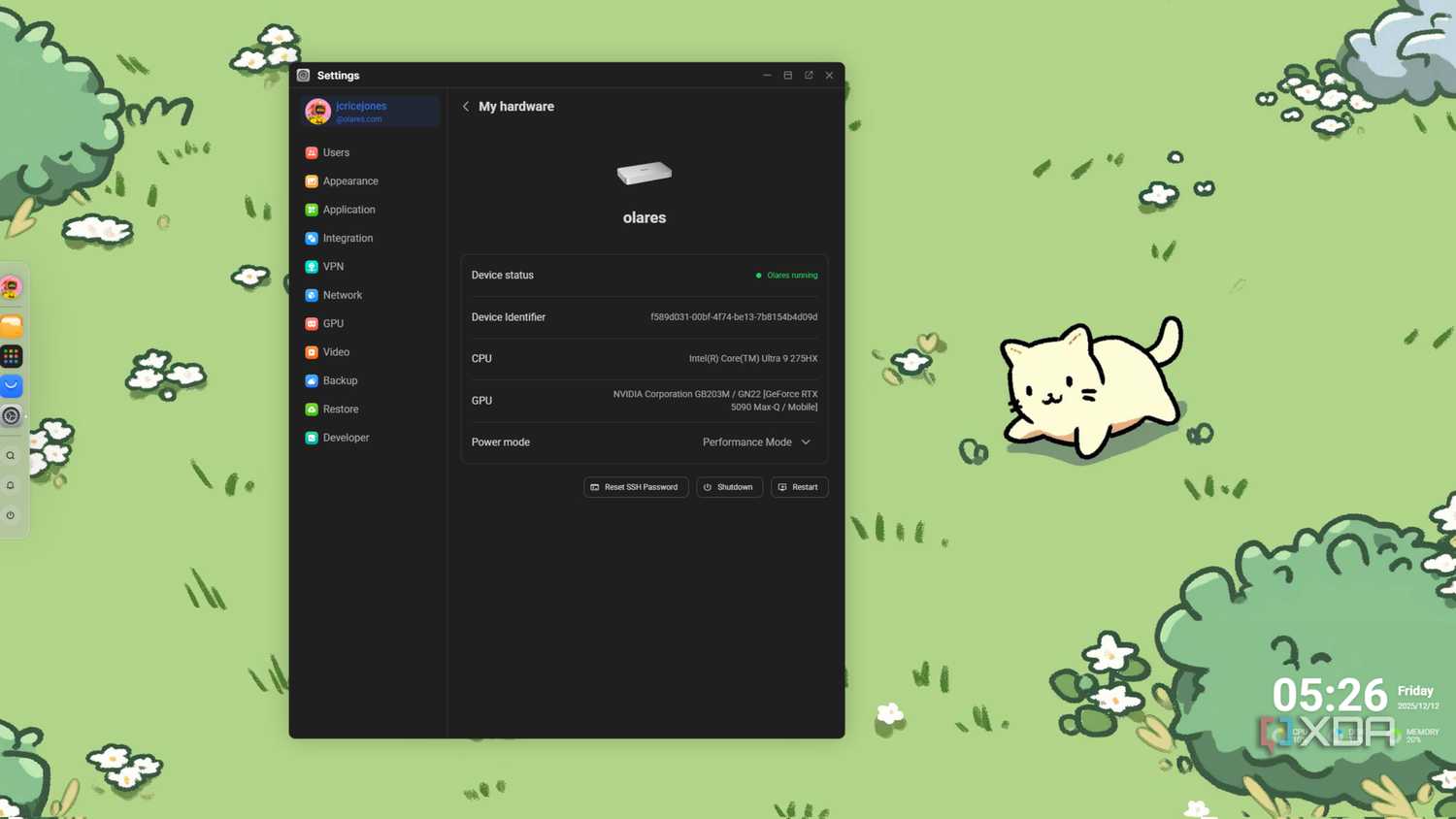 olares os with settings app showing specifications