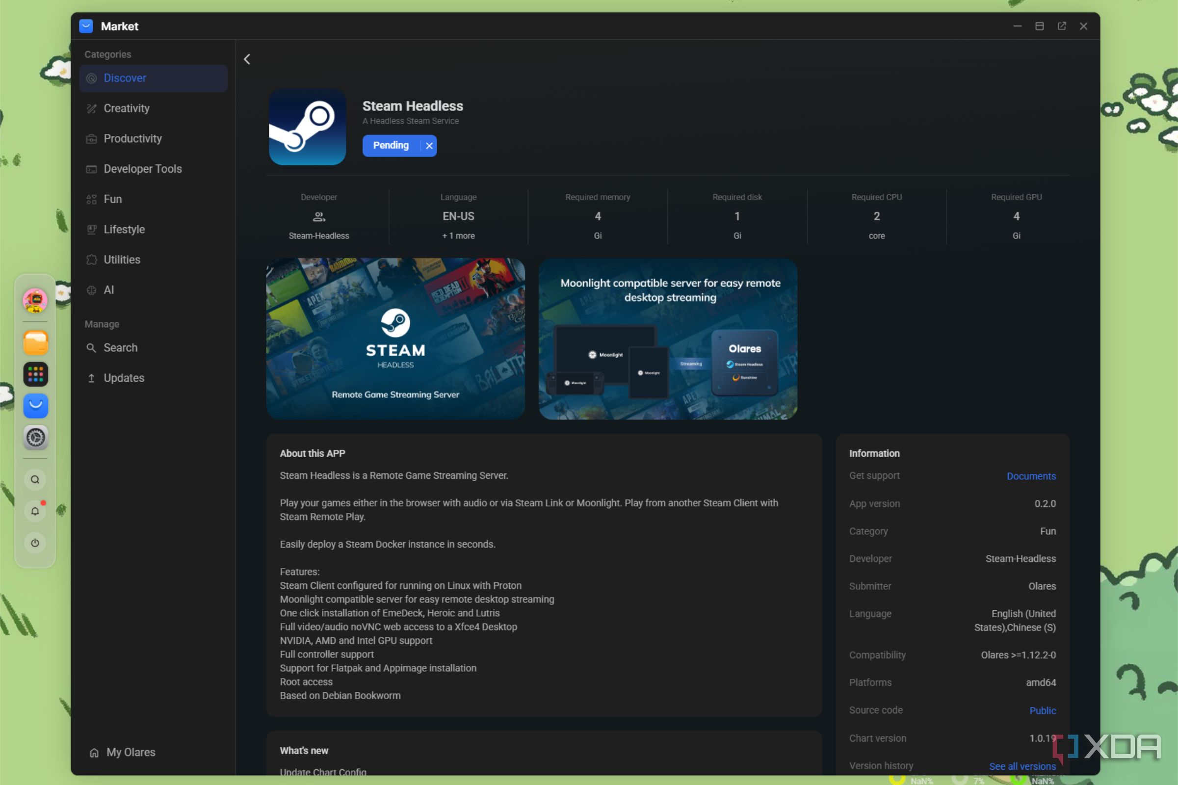 olares os with steam headless docker container shown