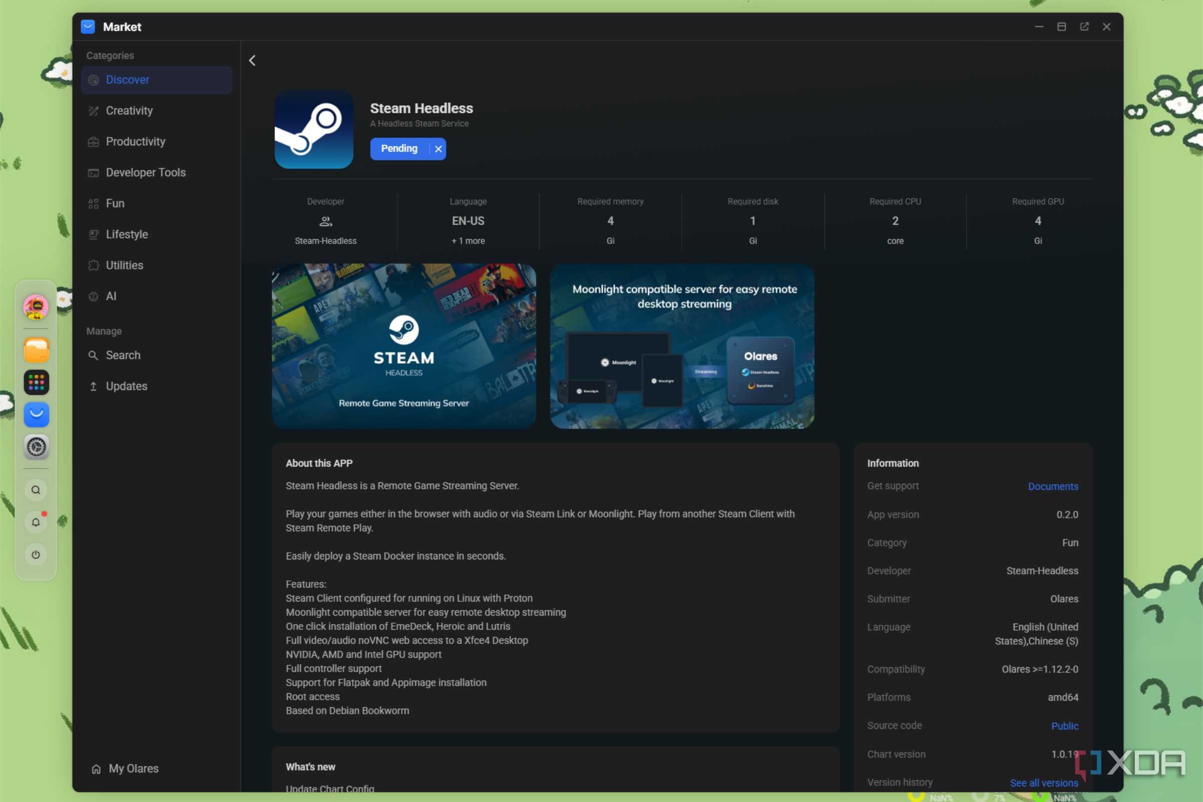 olares os with steam headless docker container shown