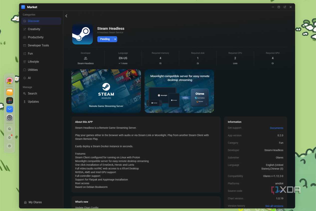 olares os with steam headless docker container shown