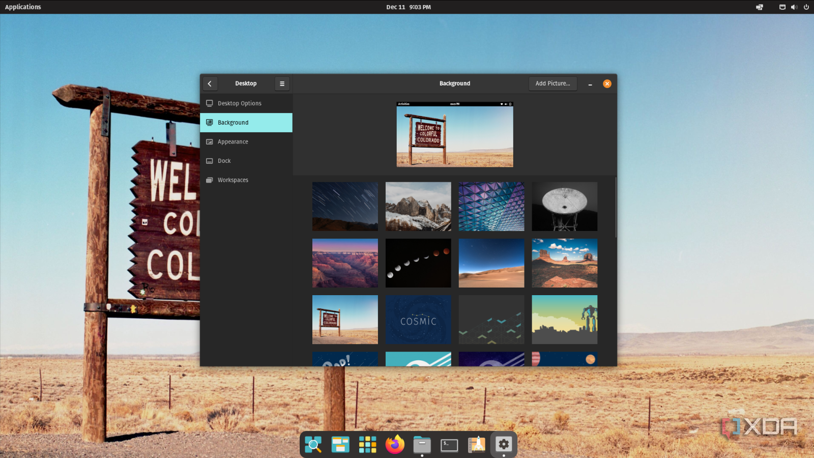 screenshot of pop!_os background settings