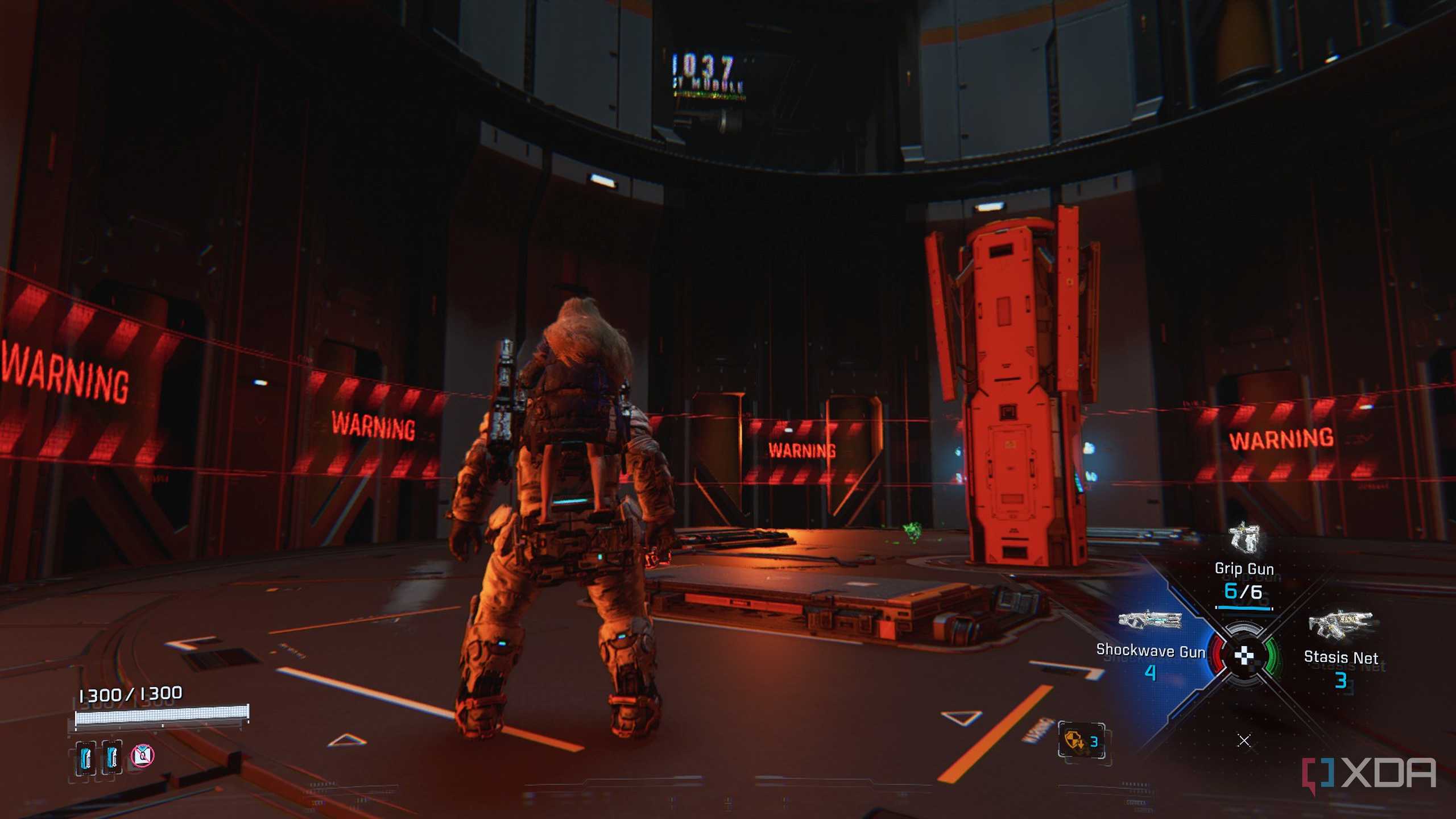 An elevator gauntlet in the Pragmata Skethbook demo.