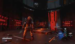 An elevator gauntlet in the Pragmata Skethbook demo.