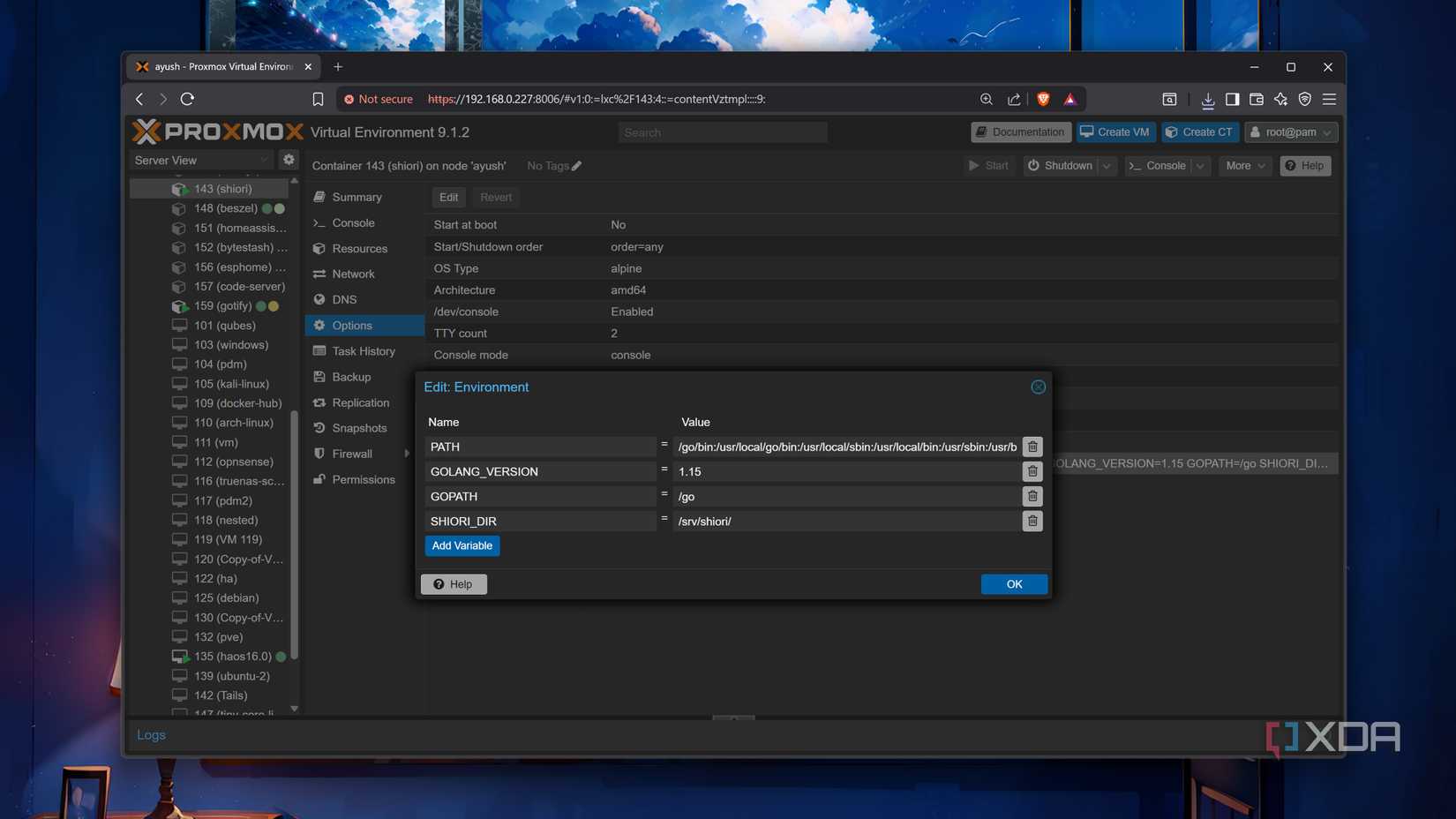 Configuring the environment variables for a Shiori LXC