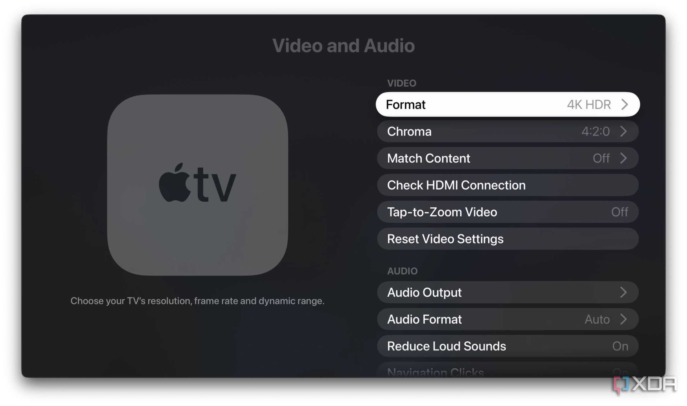 A screenshot of selecting Video Format on Apple TV 4K