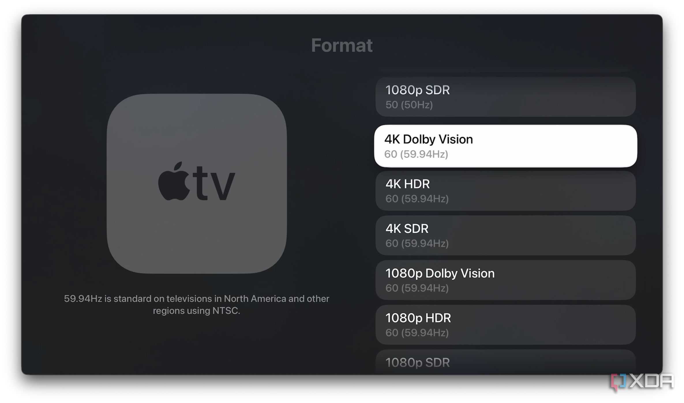 A screenshot of 4K Dolby Vision format settings on Apple TV 4K