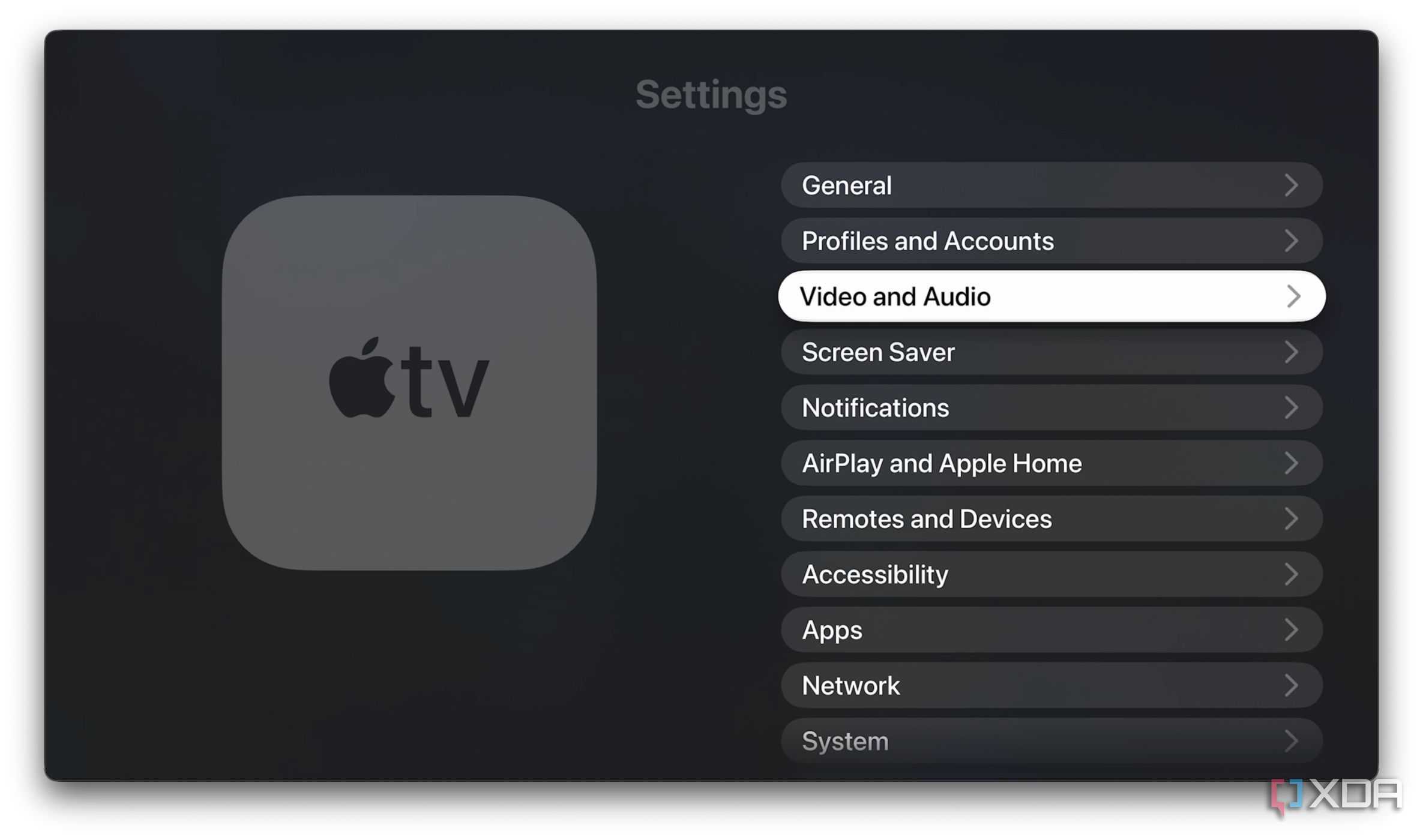 A screenshot of all settings on Apple TV 4K