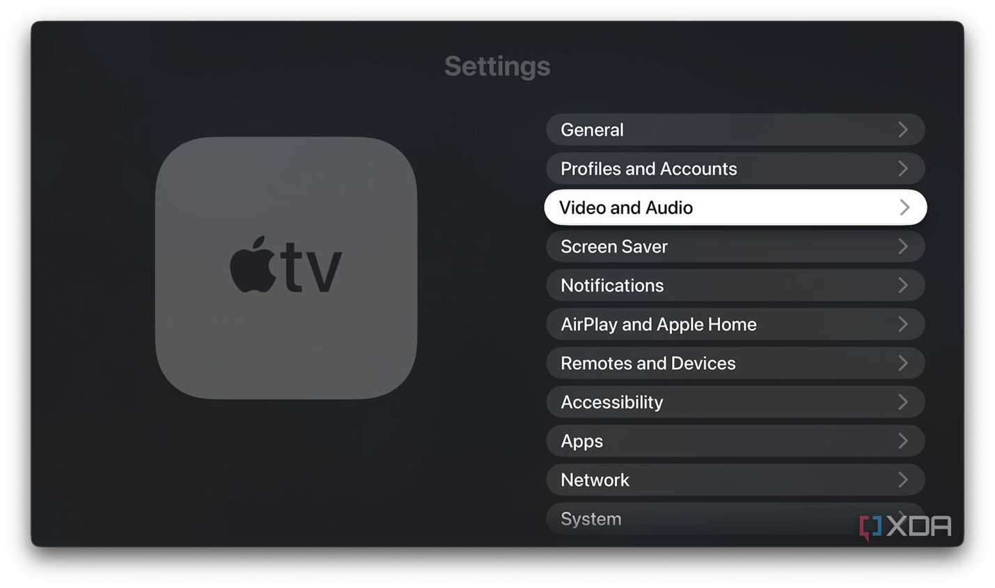 A screenshot of all settings on Apple TV 4K