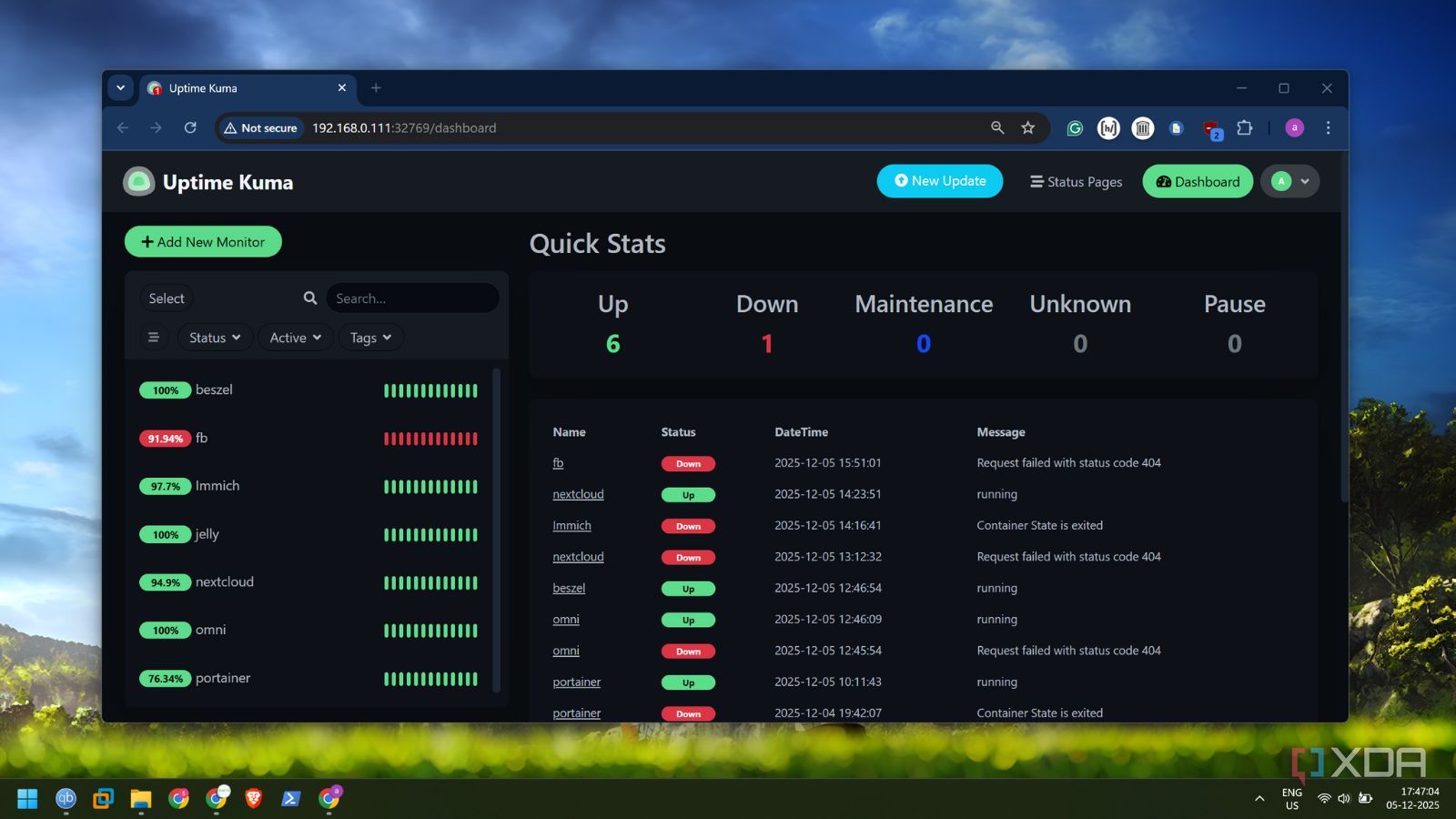 screenshot of uptime kuma dashboard