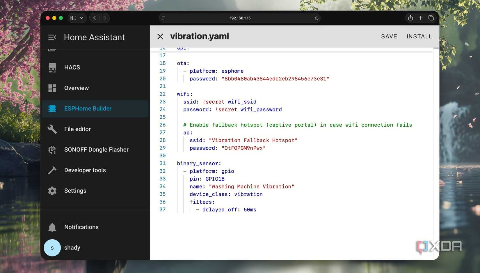 Vibration sensor's YAML configuration code in ESPHome