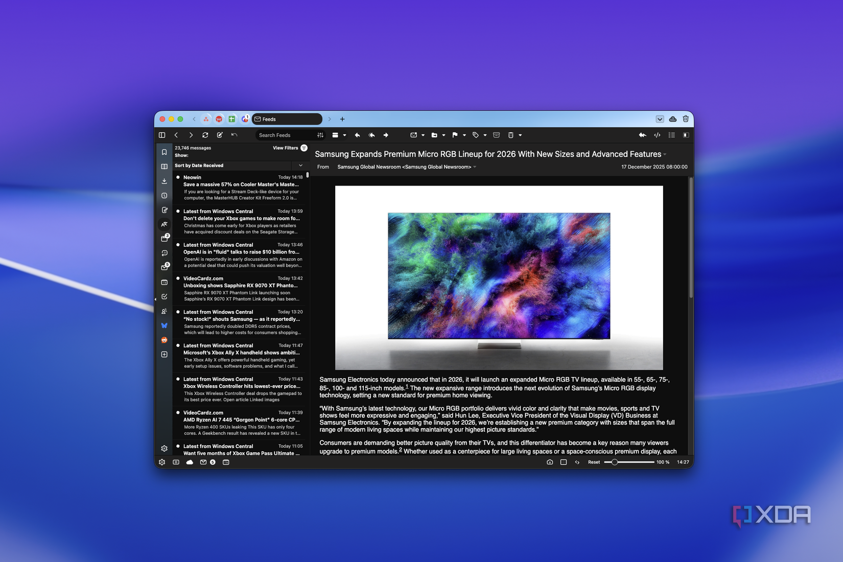 Screenshot showing Vivaldi's RSS feed reader with one article open and a list of articles on the left