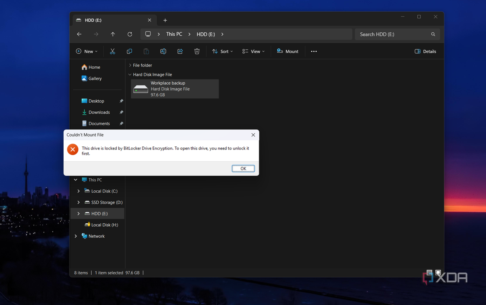 Una captura de pantalla del mensaje de error de BitLocker al montar.