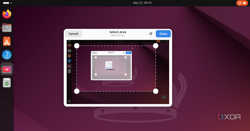 Captura de pantalla de Kooha que muestra opciones de selección en Ubuntu Linux.