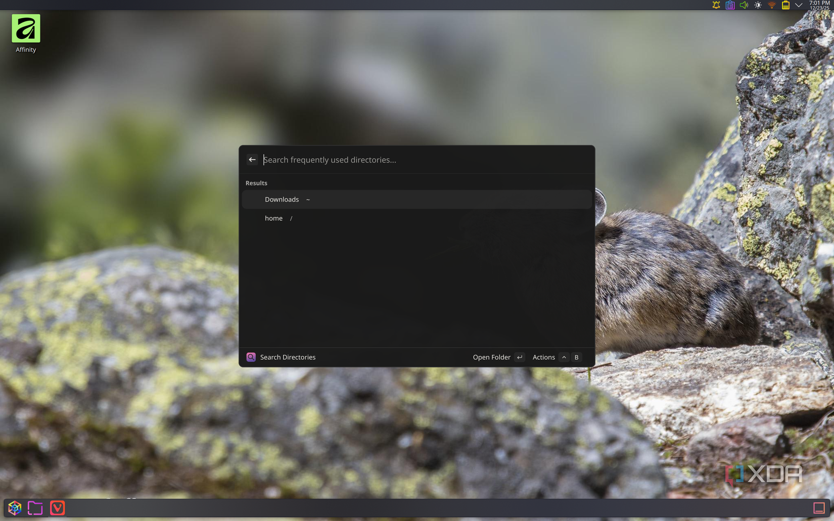 Screenshot of a KDE Plasma desktop using Vicinae and the Zoxide plug-in to list frequent directories in the file system
