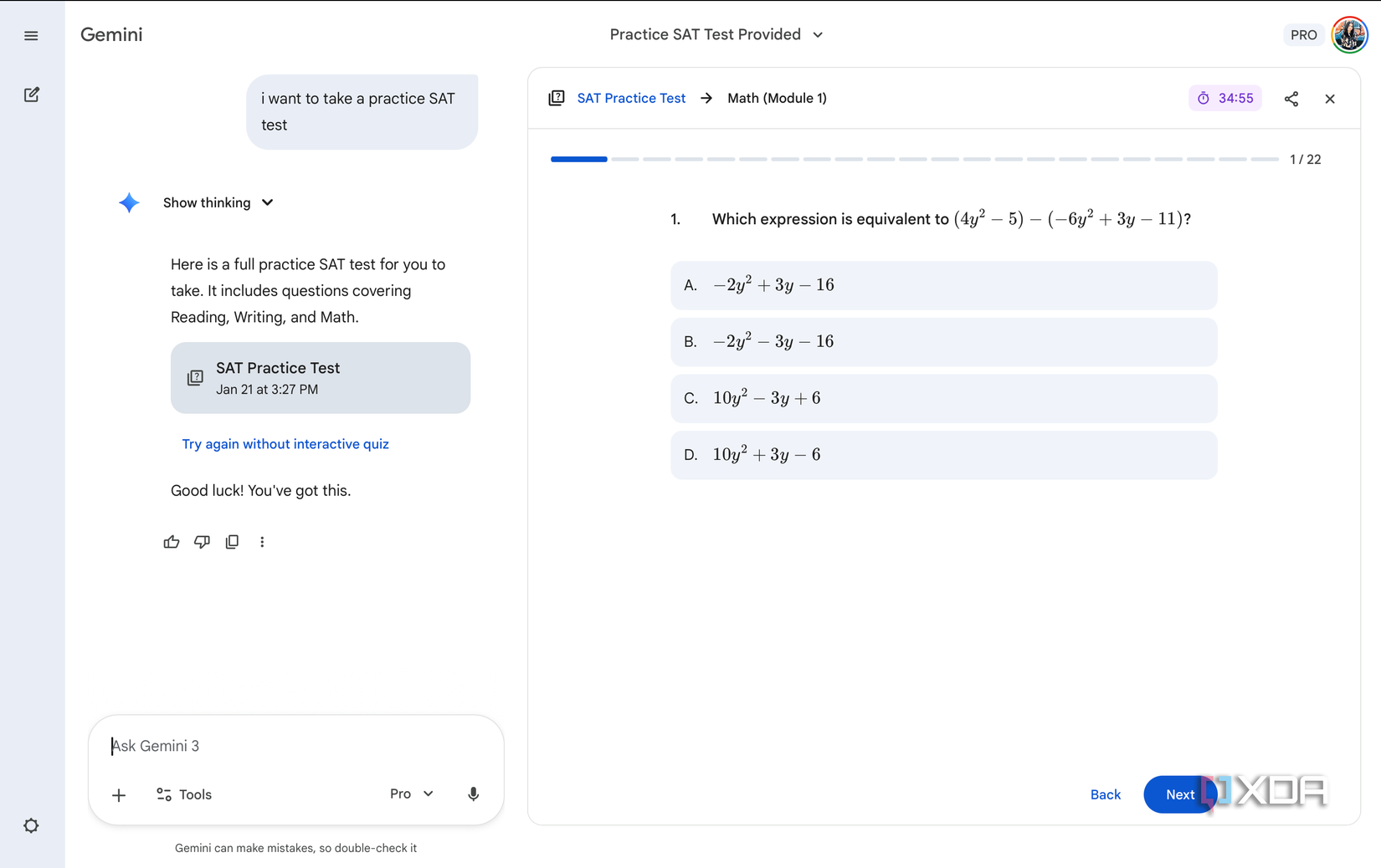 a practice SAT Math question displayed in gemini