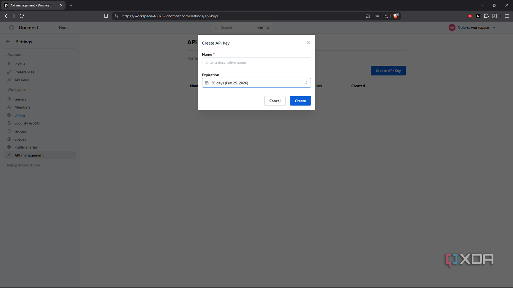 Opciones de API en Docmost