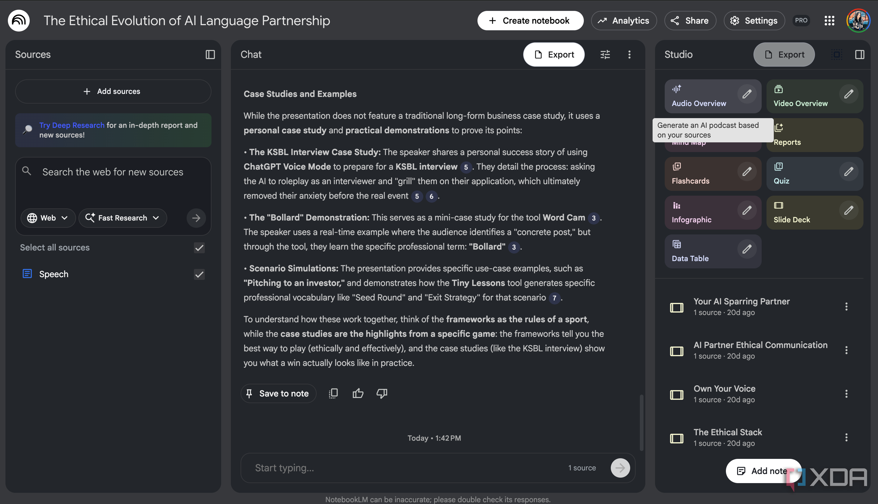 NotebookLM Studio panel showing Audio Overview option