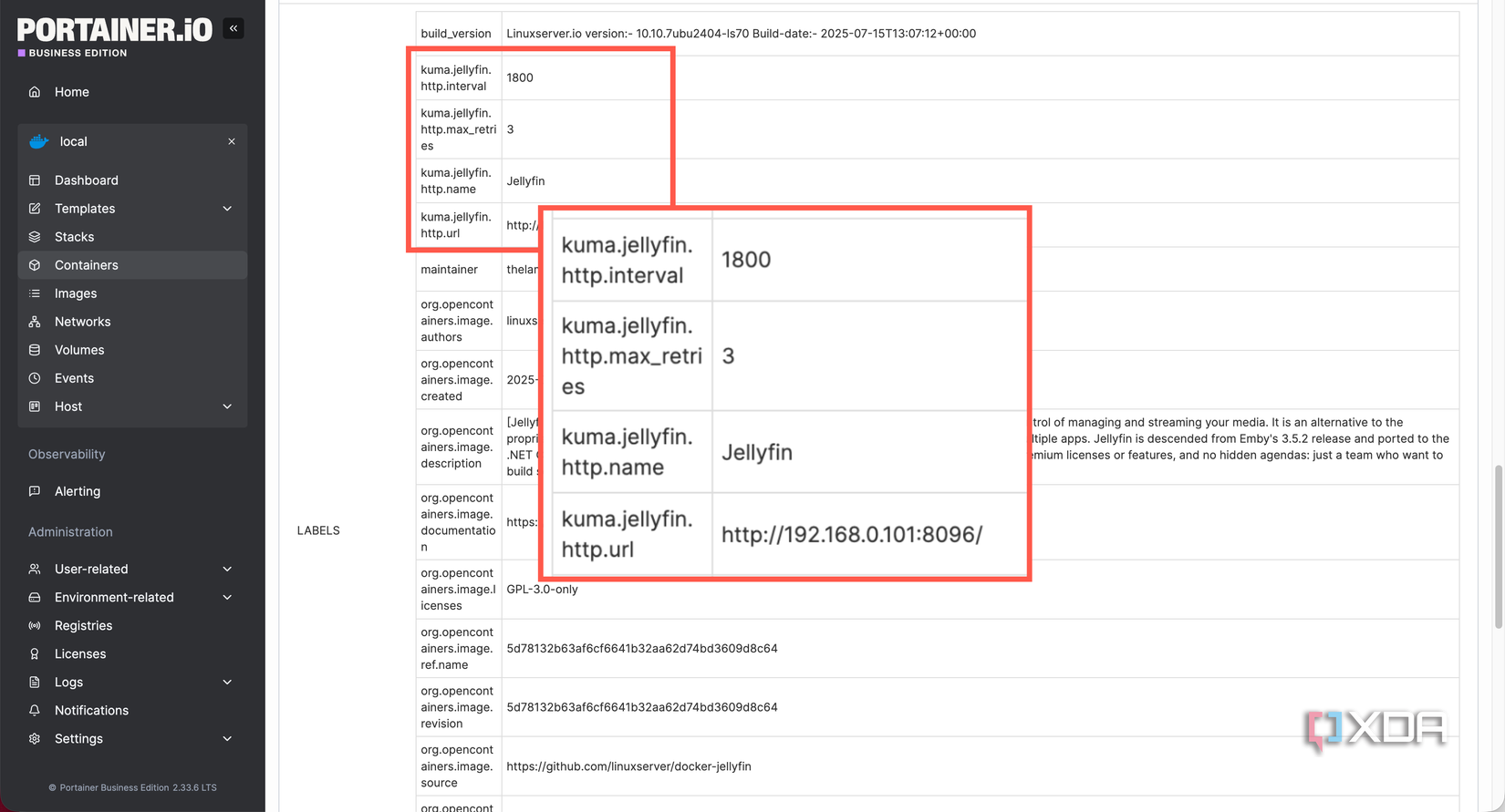 Etiquetas AutoKuma en contenedor Jellyfin