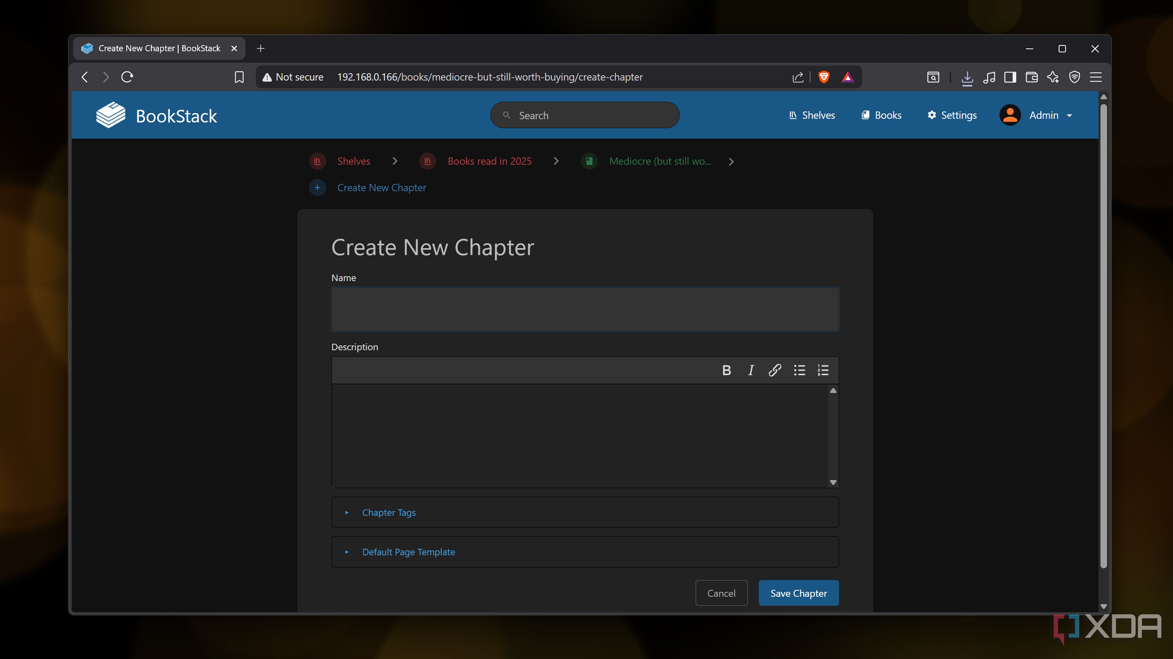 Creating a new chapter in BookStack