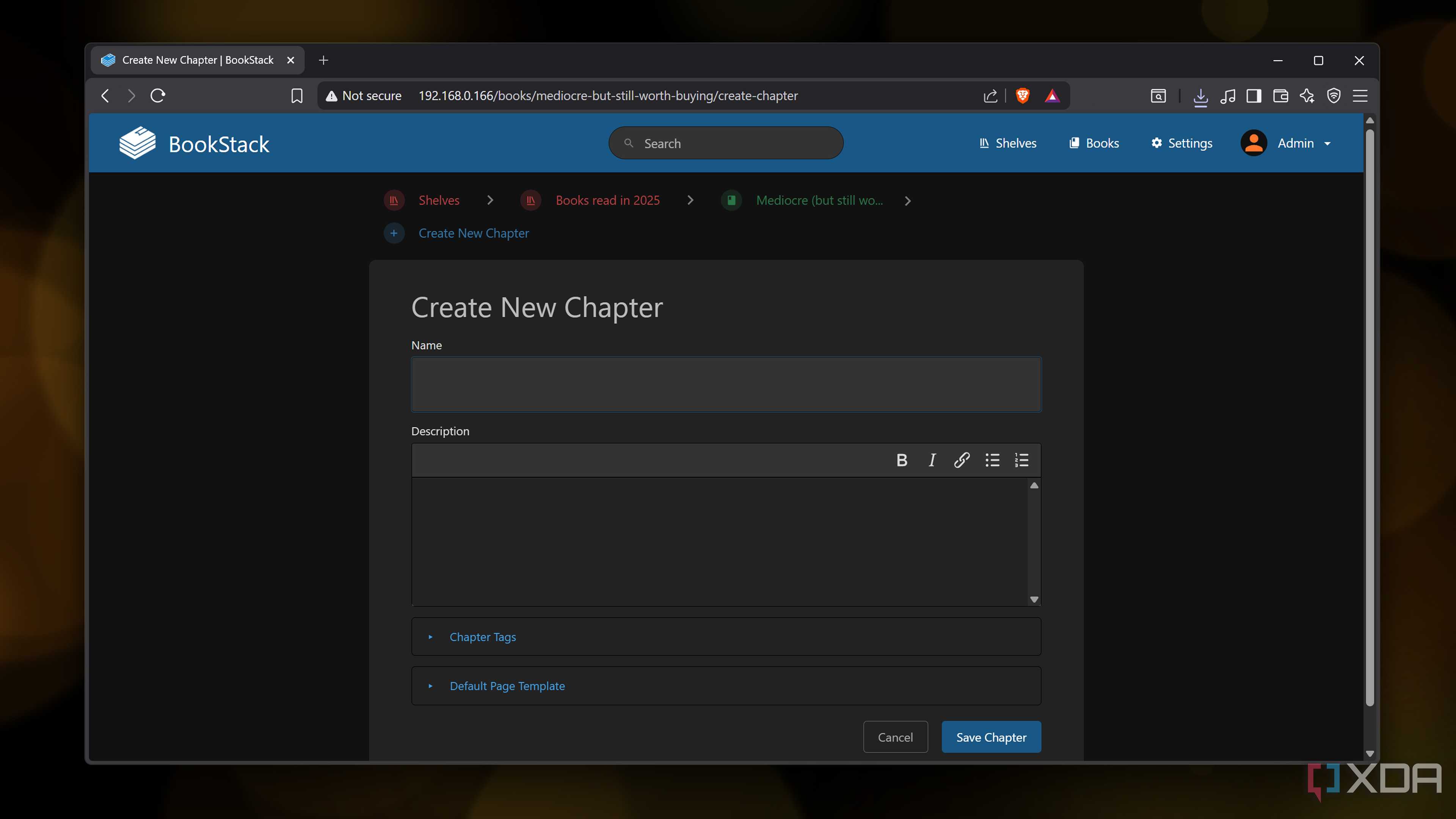 Creating a new chapter in BookStack