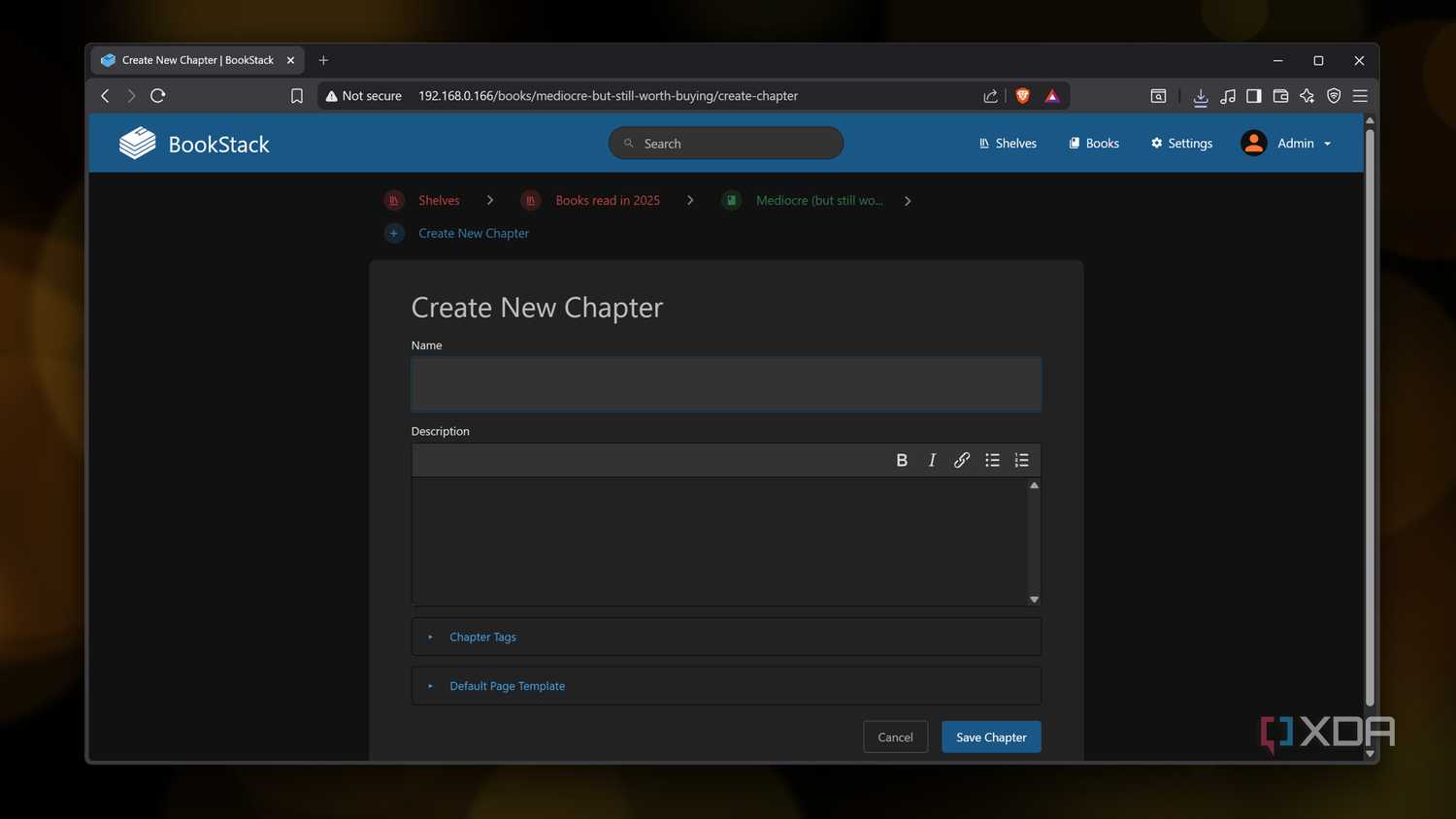 Creating a new chapter in BookStack