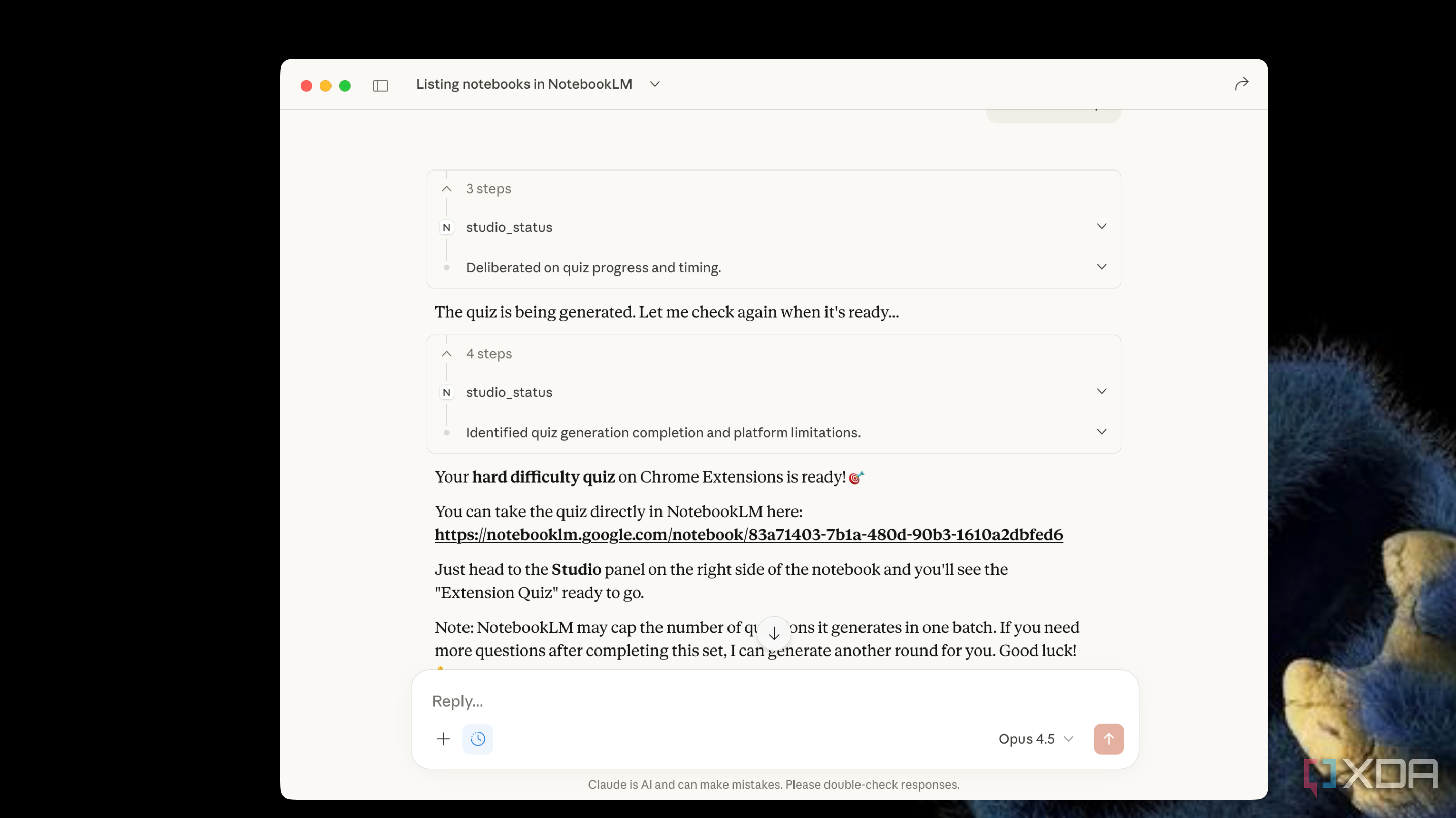 claude generating notebooklm quiz