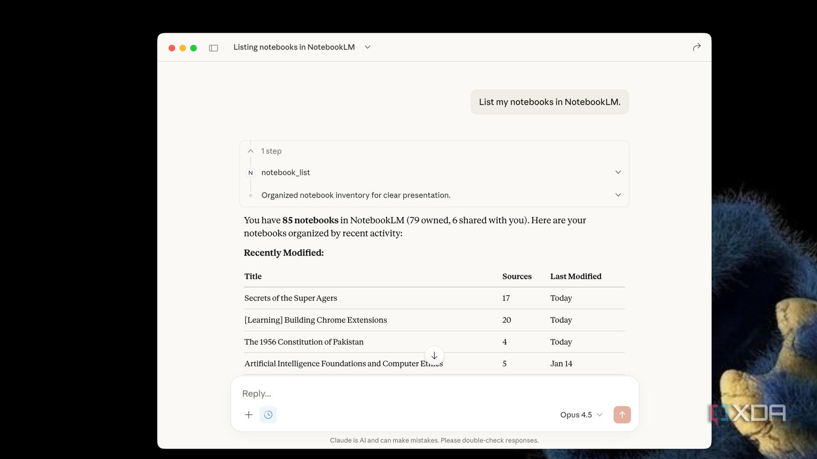 claude listing all my existing notebooks in NotebookLM