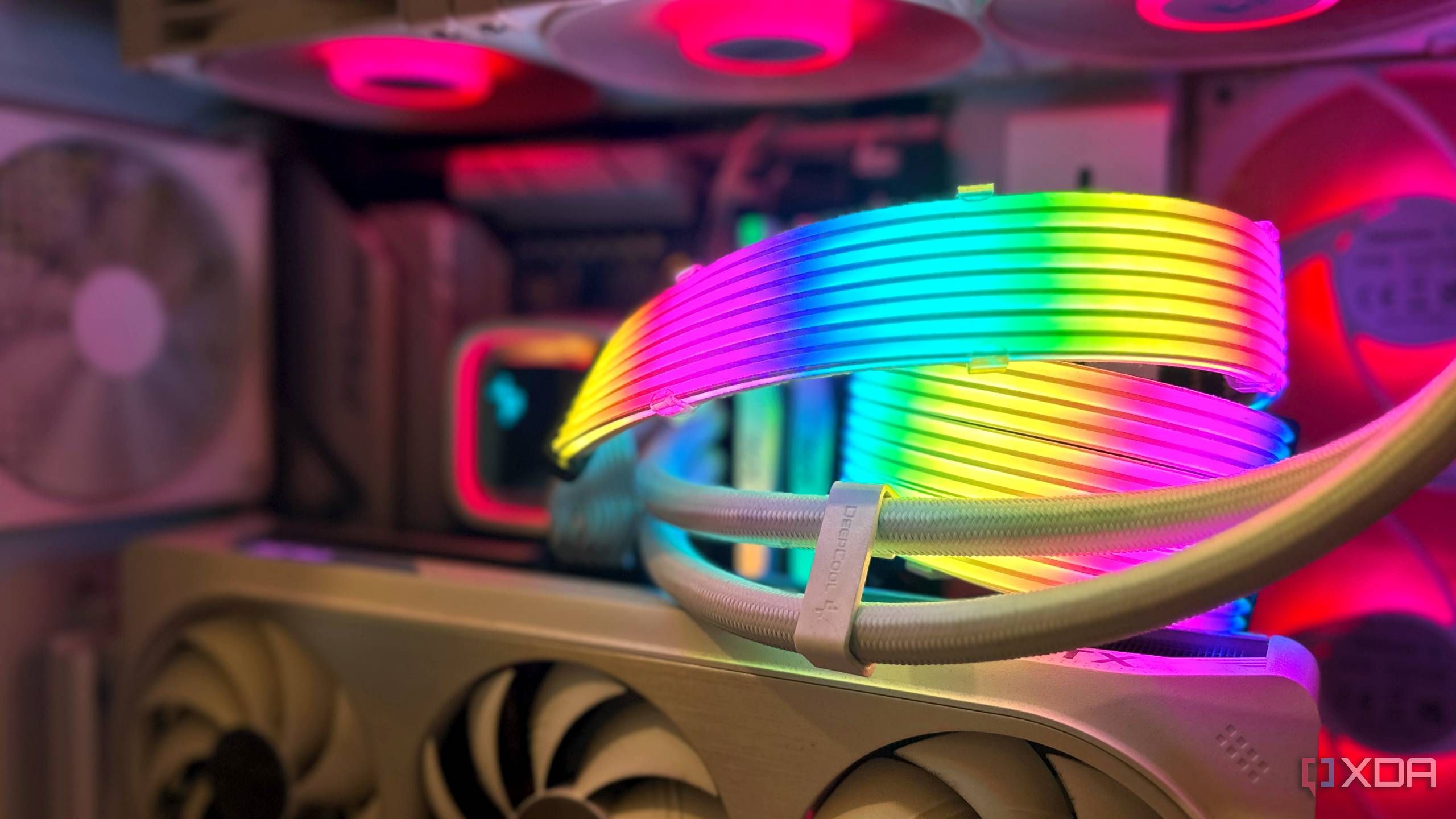 Close up shot of a gaming PC with Lian Li Strimer Cables.