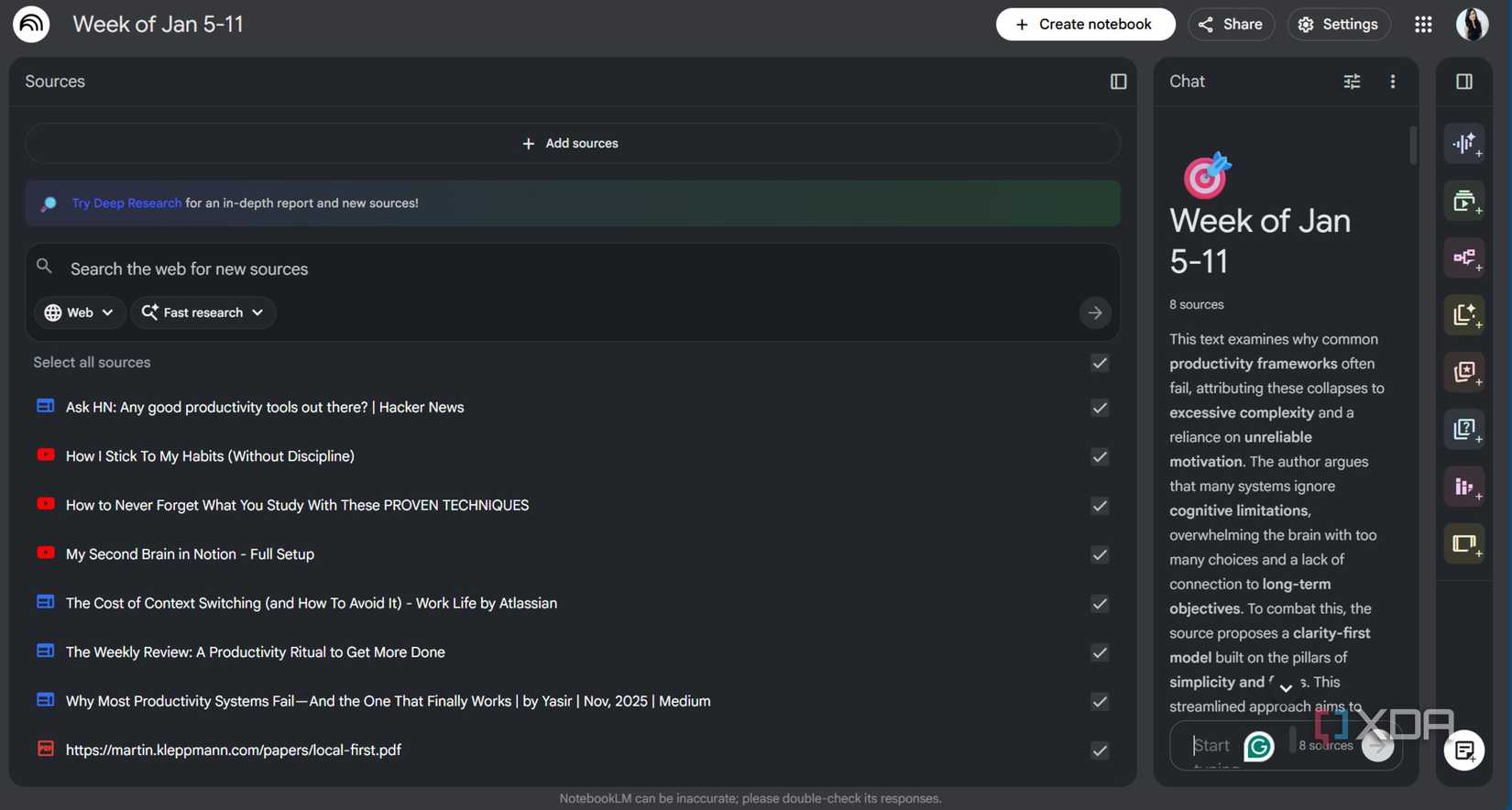 Captura de pantalla de la lista de fuentes de la semana de NotebookLM