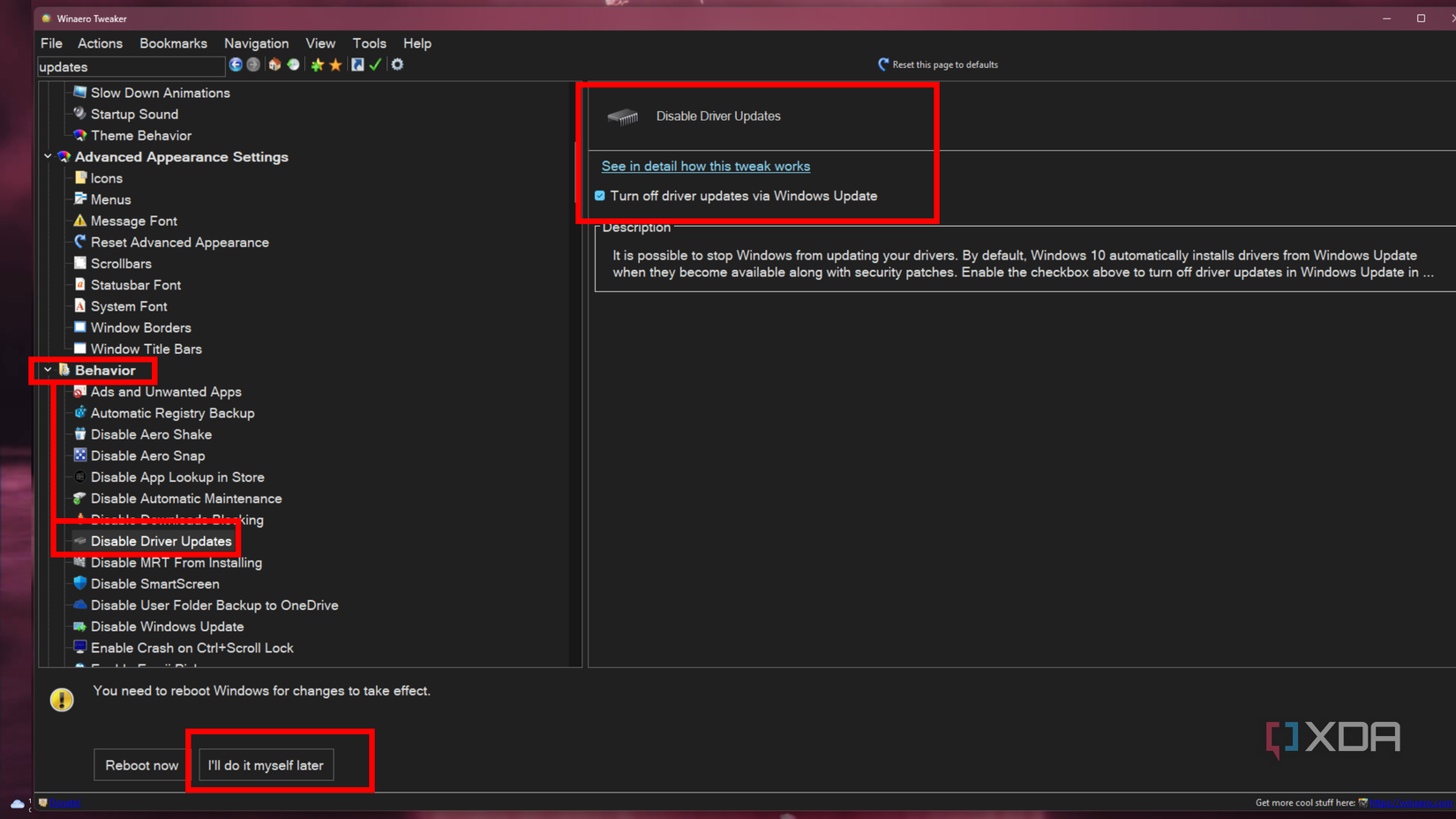 Deshabilitar las actualizaciones de controladores de Windows a través de WinAero Tweaker.
