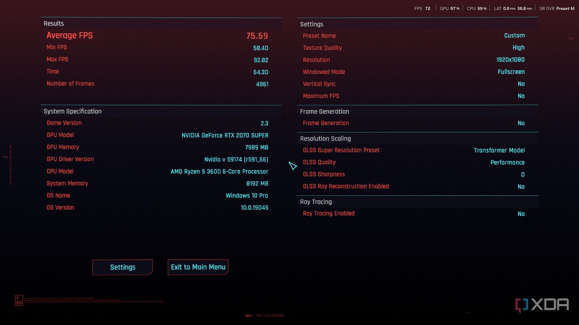 Cyberpunk 2077 running DLSS Preset M. Benchmark results displayed.