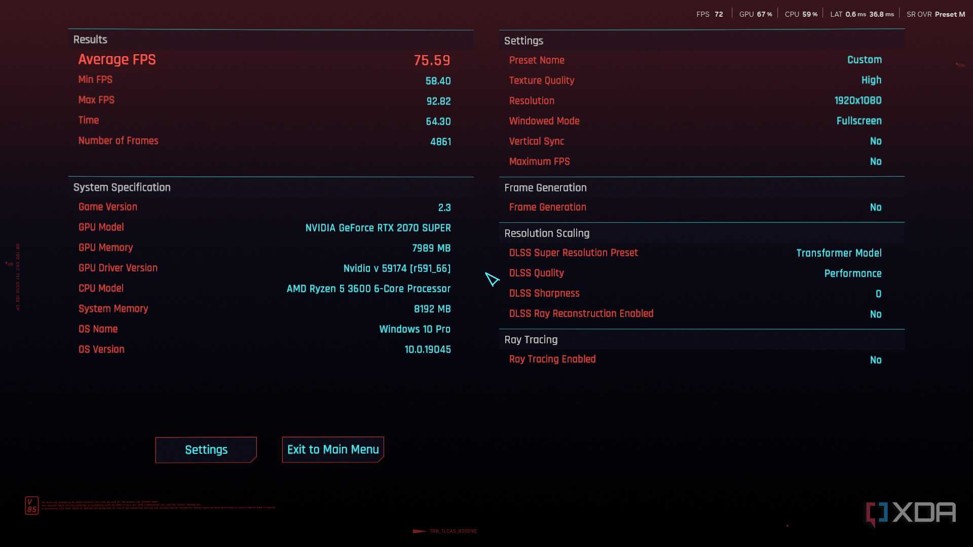 Cyberpunk 2077 running DLSS Preset M. Benchmark results displayed.